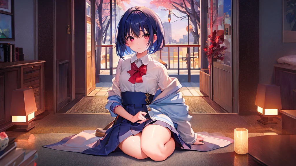 ((1 female))、full body、masterpiece、best image quality、ultra high resolution、The moment my lover caused a miracle、great visual depiction、professional effects、NSFW、Medium-sized elementary school girl、short hair、The inside of the hair is blue、red eyes、red face、shyly