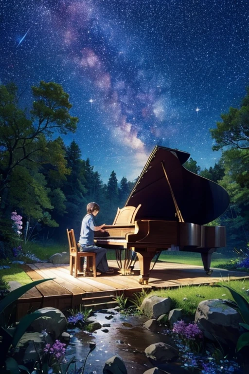 (((masterpiece)))、(((highest quality)))、((super detailed))、in the forest、(piano)、play、flowers bloom、Calm、light shines、starry sky、The wind is blowing、