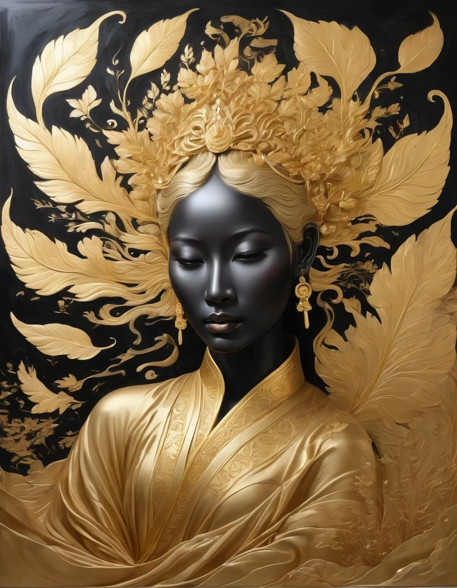 (gold leaf art:1.5)，A black and gold-rimmed giant hand fell from the sky, Dunhuang murals as background, minimalist, line art, From front and center to ghostly smoke, Transition from entity to ghost, Smart, powerful and calm, Rich in details, Psychedelic, fantastic, drama, Chinese ancient style, style, ink painting, fantasy, surreal, ethereal
