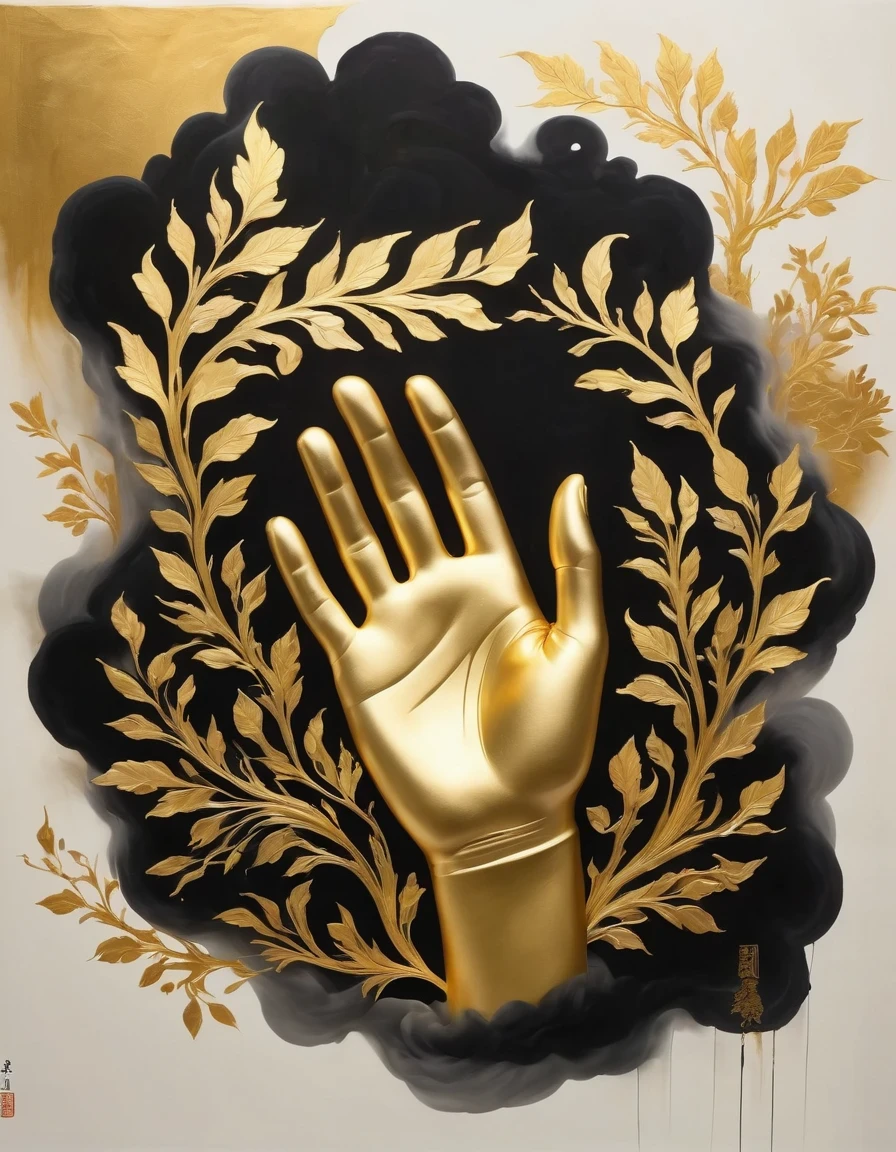 (gold leaf art:1.5)，A black and gold-rimmed giant hand fell from the sky, Dunhuang murals as background, minimalist, line art, From front and center to ghostly smoke, Transition from entity to ghost, Smart, powerful and calm, Rich in details, Psychedelic, fantastic, drama, Chinese ancient style, style, ink painting, fantasy, surreal, ethereal