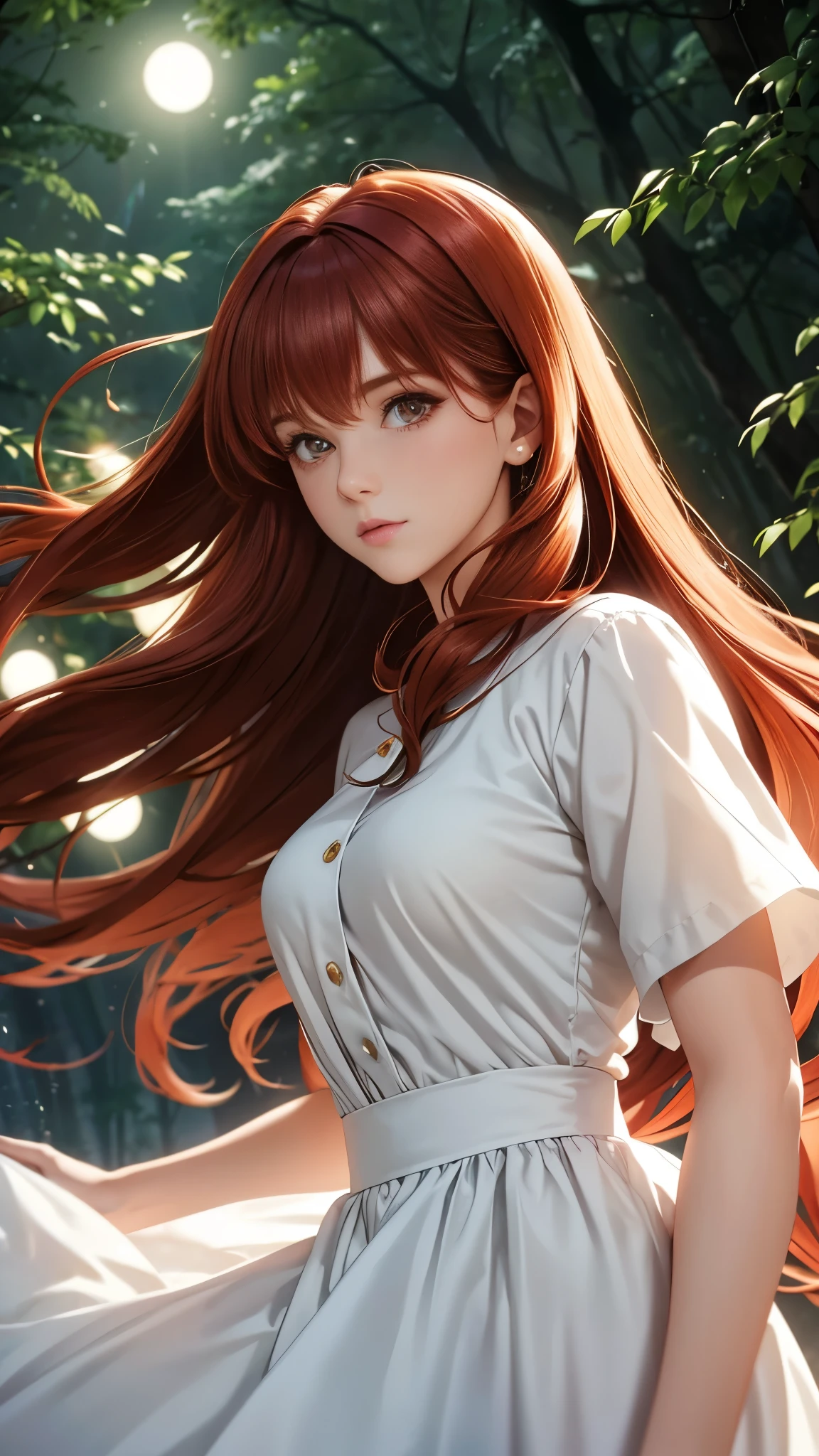 Magical beautiful girl about 25 years old redhead with brown eyes and long hair in white dress and light orbs in a night forest