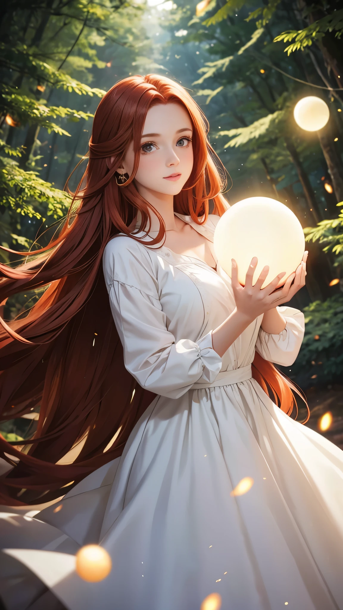 Magical beautiful girl about 25 years old redhead with brown eyes and long hair in white dress and light orbs in a night forest 