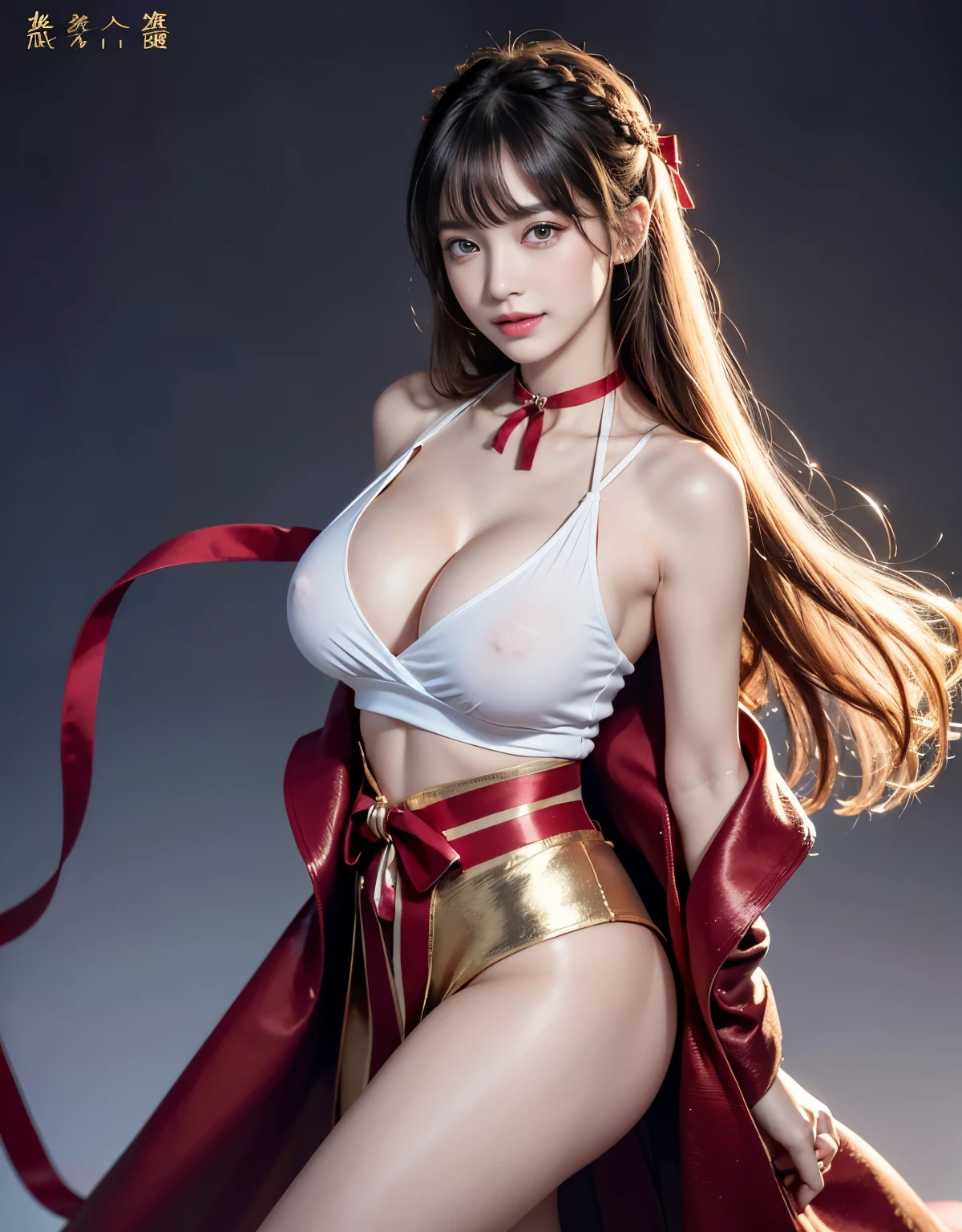 (((very heavy chest))),NSFW, 16k raw photos, highest quality, masterpiece, ultra high resolution, ((A revealing white tank top)).movie, 1 girl,((Attractive expression)),eyes shine、BREAK,navy_Tiered_long_skirt,casual,black_striped_legwear,(teasing_smile:1.2),(blouse:1.3),loafers,from_above,(Jacquard_long_coat:1.2),(in spring:1.1),(blunt bangs:1.3), looking at the viewer, 自然な肌の質感very heavy chest))),((( Metallic red ribbon around the neck))).star handle mold、((yellow eyes)),Realistic eye and face details, lip whole, lipstick makeup), long straight hairの髪, laughter, 美feet, tall woman, ((glowing skin)),((美しいarmpit)), slim_feet, huge breasts, cleavage、(detailed background,highly exposed, huge breasts, blurred background,, JK ribbon at the neck, bracelet, water, bangs, split your lips、armpit、beautiful hip line、glowing skin、(((eyes shine brightly))),lotion skin、High leg、((blonde)),highly exposed、Beautiful flower photography studio background、wind effect、detailed lace veil、((Extremely small tank top)),open the thighs,long straight hair、braid one's hair、professional lighting、