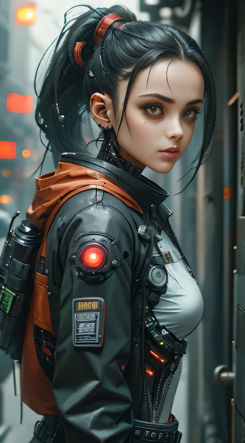 girl with black hair with a ponytail, wearing a lot of cyberware equipement, biological implant, dark red eyes, body implant, scifi cyberpunk style