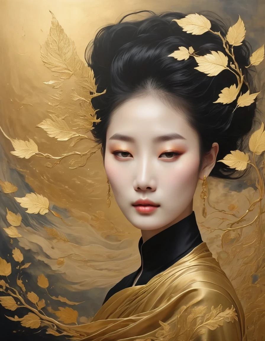 (gold leaf art:1.5)，A black and gold-rimmed giant hand fell from the sky, Dunhuang murals as background, minimalist, line art, From front and center to ghostly smoke, Transition from entity to ghost, Smart, powerful and calm, Rich in details, Psychedelic, fantastic, drama, Chinese ancient style, style, ink painting, fantasy, surreal, ethereal