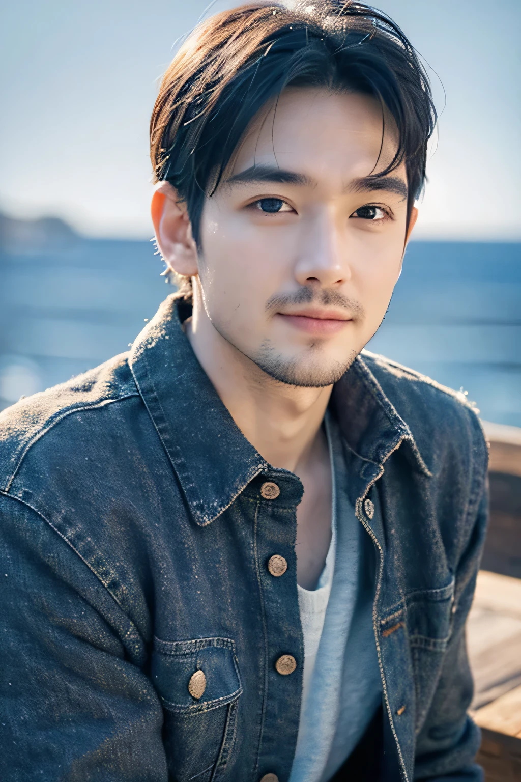 (highest quality:1.4),(masterpiece:1.4),(realistic:1.4),(realistic:1.2),(超High resolution, Raw photo:1.4),(HDR, very detailed:1.2),(8K:1.2),Movie photo 1 person,High resolution、In front of the sea、Wear a denim shirt