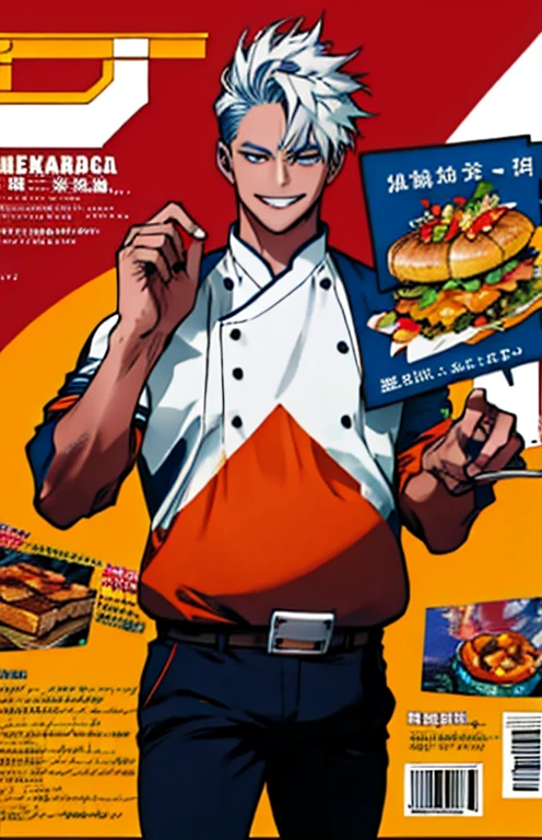 Apenas Masculino na imagem gerada,(Melhor qualidade, obra de arte), Capa da Revista men's Culinary, 1 homem idoso, 65 anos de idade, Incredible, fofinho, Um sorriso comovente, comida deliciosa, personagem, graphics, advertisment, magazine title,Ray tracing，Hyper-detailed description。 --v6, Just plump, chubby, extremely thick thighs, large belly 