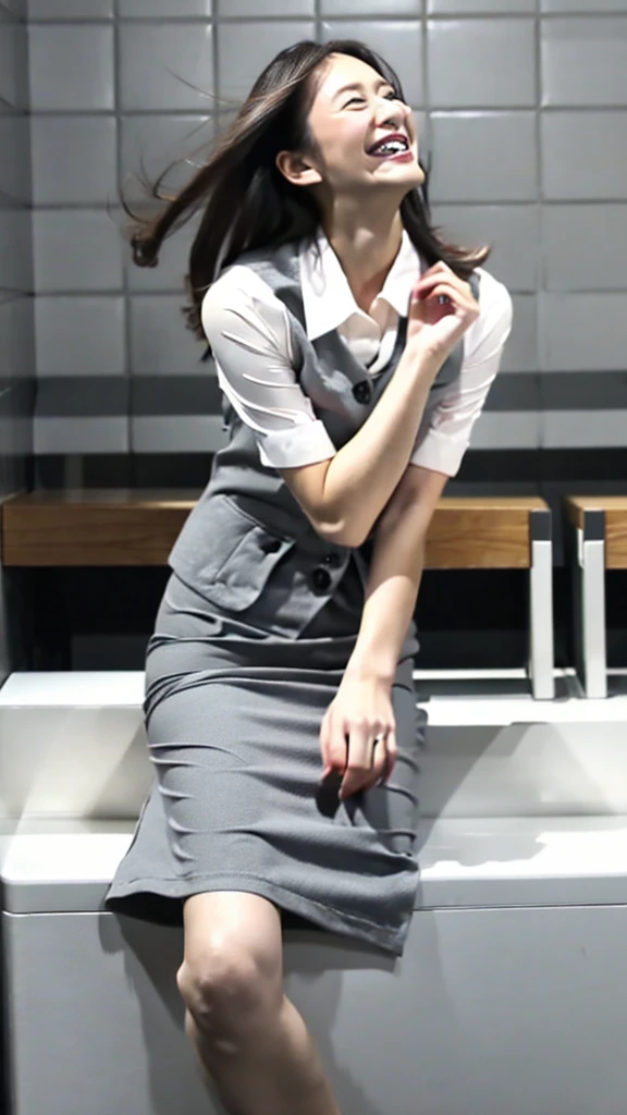 Japanese Beauty、Business service, gray skirt, business clothes, Work clothes, Work clothes, Catalogue photo, from me, Detailed image, business clothes装, Image Center, grey, white shirt and gray skirt, wearing a business casual dress、Her white panties are visible from under her skirt、laughing、sitting、slim japanese woman、thin shirt