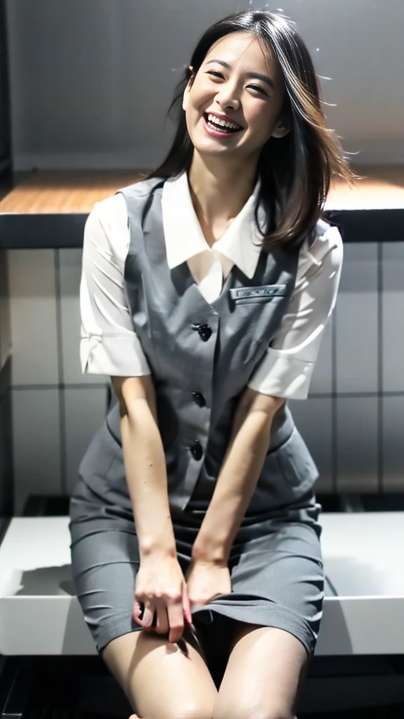 Japanese Beauty、Business service, gray skirt, business clothes, Work clothes, Work clothes, Catalogue photo, from me, Detailed image, business clothes装, Image Center, grey, white shirt and gray skirt, wearing a business casual dress、Her white panties are visible from under her skirt、laughing、sitting、slim japanese woman、thin shirt