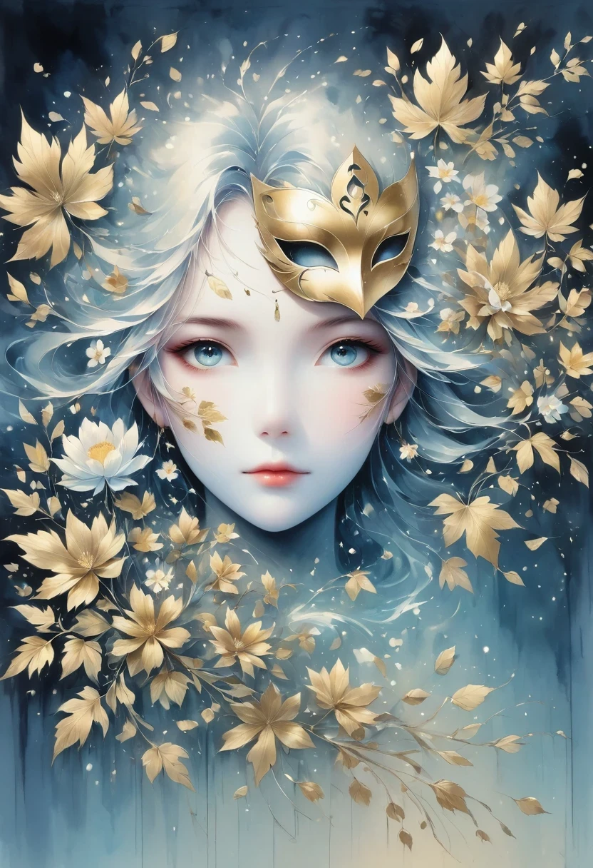 (gold leaf art:1.5),(Metallic luster:1.45),Minimalism,(line art:1.6),sketch,Charcoal drawing,Gold Foil Mask,flower,Illustration in surreal art style,surreal dream,Dubrec style,(multiple exposure:1.8),Dreams of happiness,