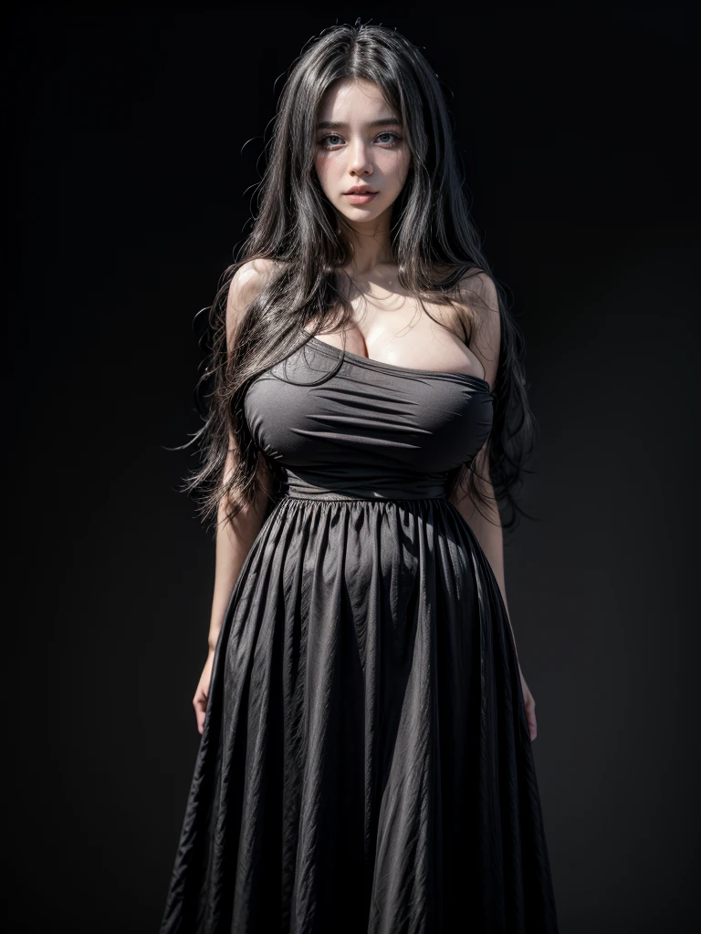 1girl with big breast, wearing long dress, black hair, abstract background,