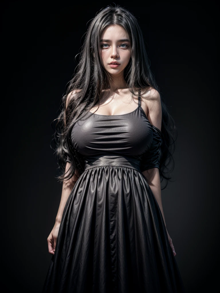 1girl with big breast, wearing long dress, black hair, abstract background, 