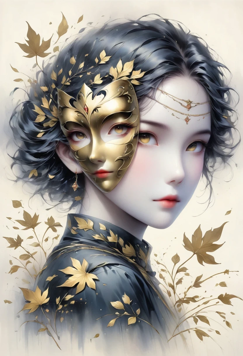 (gold leaf art:1.5),(Metallic luster:1.45),Minimalism,(line art:1.6),sketch,Charcoal drawing,Gold Foil Mask,flower,Illustration in surreal art style,surreal dream,Dubrec style,(multiple exposure:1.8),Dreams of happiness,