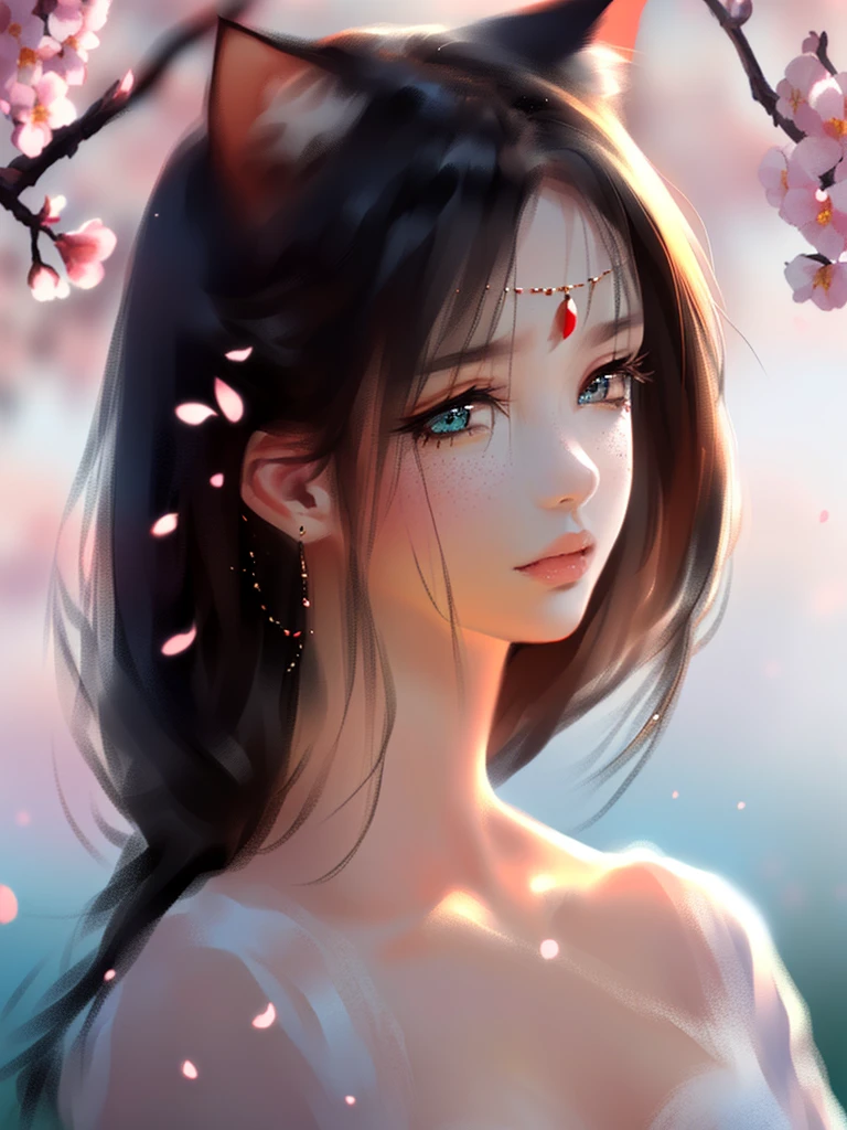 very good illustration, High detail, dynamic angle, beautiful detailing,2D, (Best quality, masterpiece, Beauty, tenderness), anime, Highly detailed face, very detailed eyes, very detailed background, perfect lighting, whole body, 1 girl, One, (Very detailed cat ears), (Very detailed ears behind the hair)? sakura, Sakura Branches \(sakura flowers\), Pink dress, green eyes, Finely detailed eyes, ears covered with hair, cherry tree, cherry petals