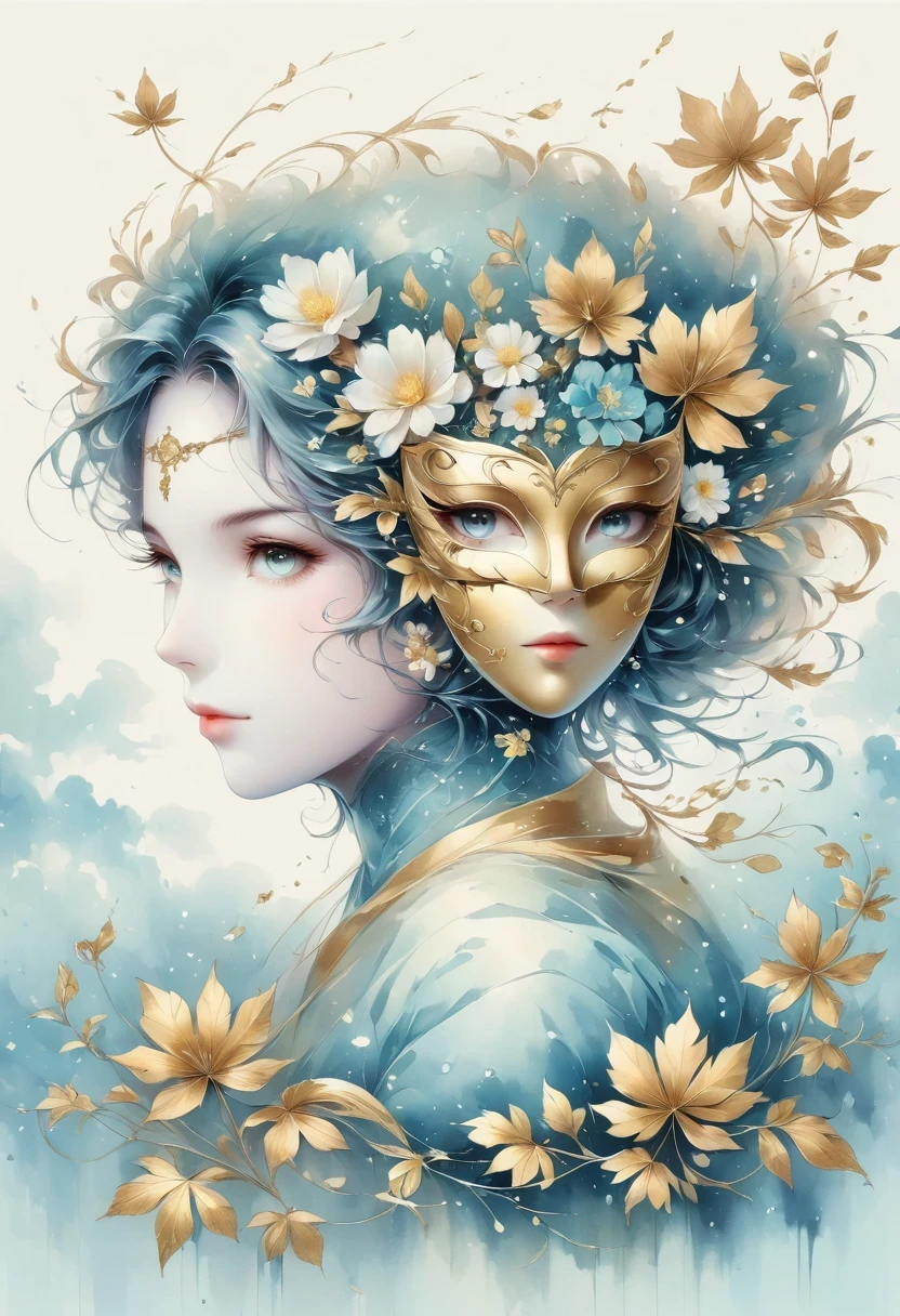 (gold leaf art:1.5),(Metallic luster:1.45),Minimalism,(line art:1.6),sketch,Charcoal drawing,Gold Foil Mask,flower,Illustration in surreal art style,surreal dream,Dubrec style,(multiple exposure:1.8),Dreams of happiness,