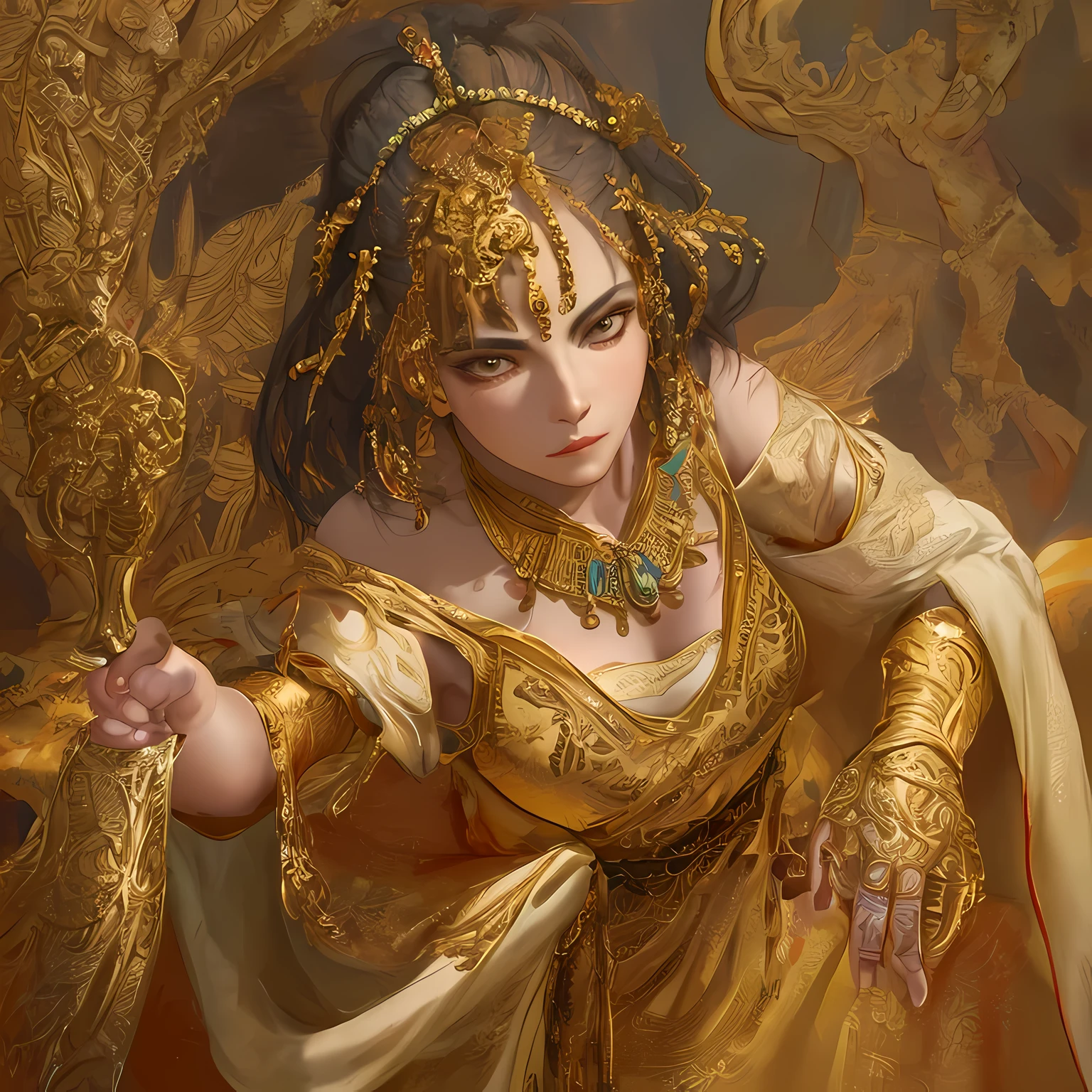 Strong woman, holding a gold leaf brush, intricately painting on a canvas, dressed in artist's robe, focused expression, brightly lit studio, golden hues reflecting off the walls, Realistic CGI, High-definition textures, Absorbing detail, Masterpiece, Gold leaf artistry at its finest.