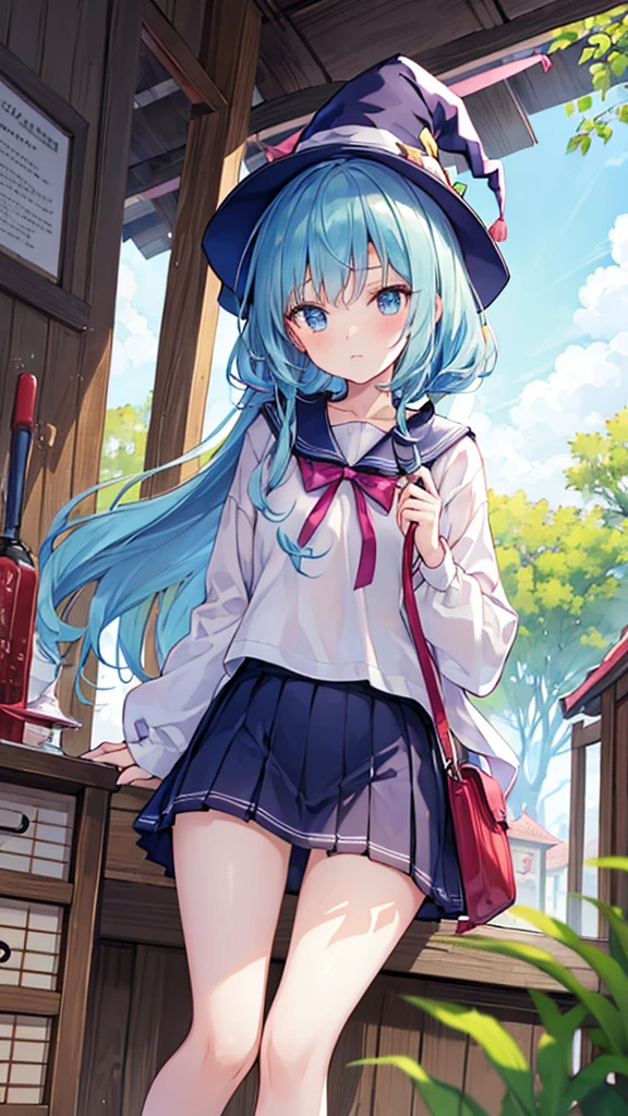 kawaii shota,kawaii light blue clothes and light blue hat,kawaii witch shota,light blue long loose hair,
shrine maiden,