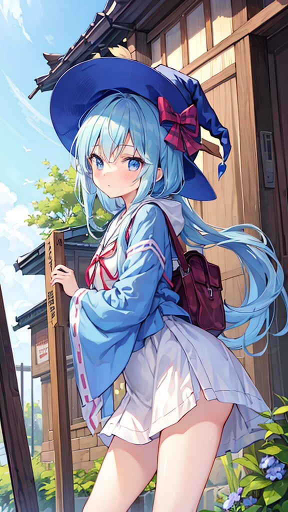 kawaii shota,kawaii light blue clothes and light blue hat,kawaii witch shota,light blue long loose hair,
shrine maiden,