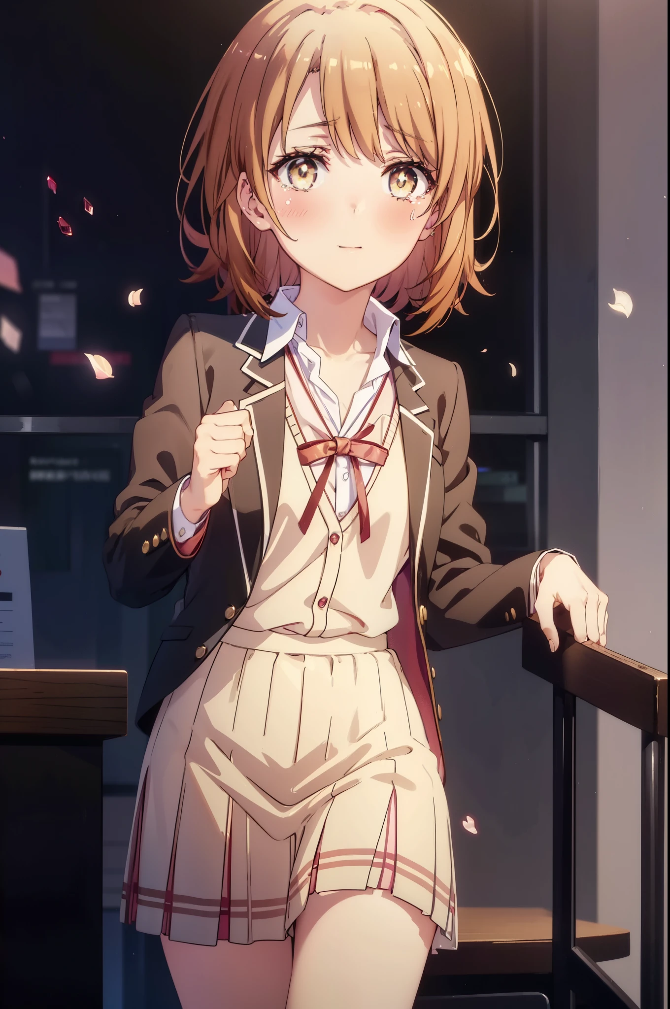 irohaisshiki, Isshiki Iroha, short hair, light brown hair, (Brown ruby eyes:1.5), smile,blush,Tears running down her face,Tears of joy、I cry a lot、break skirt, shirt, ribbon, , Jacket, white shirt, open clothes, socks, open Jacket, black Jacket, plaid, knee high, plaid skirt, blazer, cardigan, black socks, pink cardigan,holding a bouquet of flowers in both hands ,birthday,A birthday cake is on the table,sitting in a chair,confetti,
break indoors,classroom ,
break looking at viewer,(cowboy shot:1. 3)
break (masterpiece:1.2), highest quality, High resolution, unity 8k wallpaper, (shape:0.8), (beautiful and detailed eyes:1.6), highly detailed face, perfect lighting, Very detailed CG, (perfect hands, perfect anatomy),