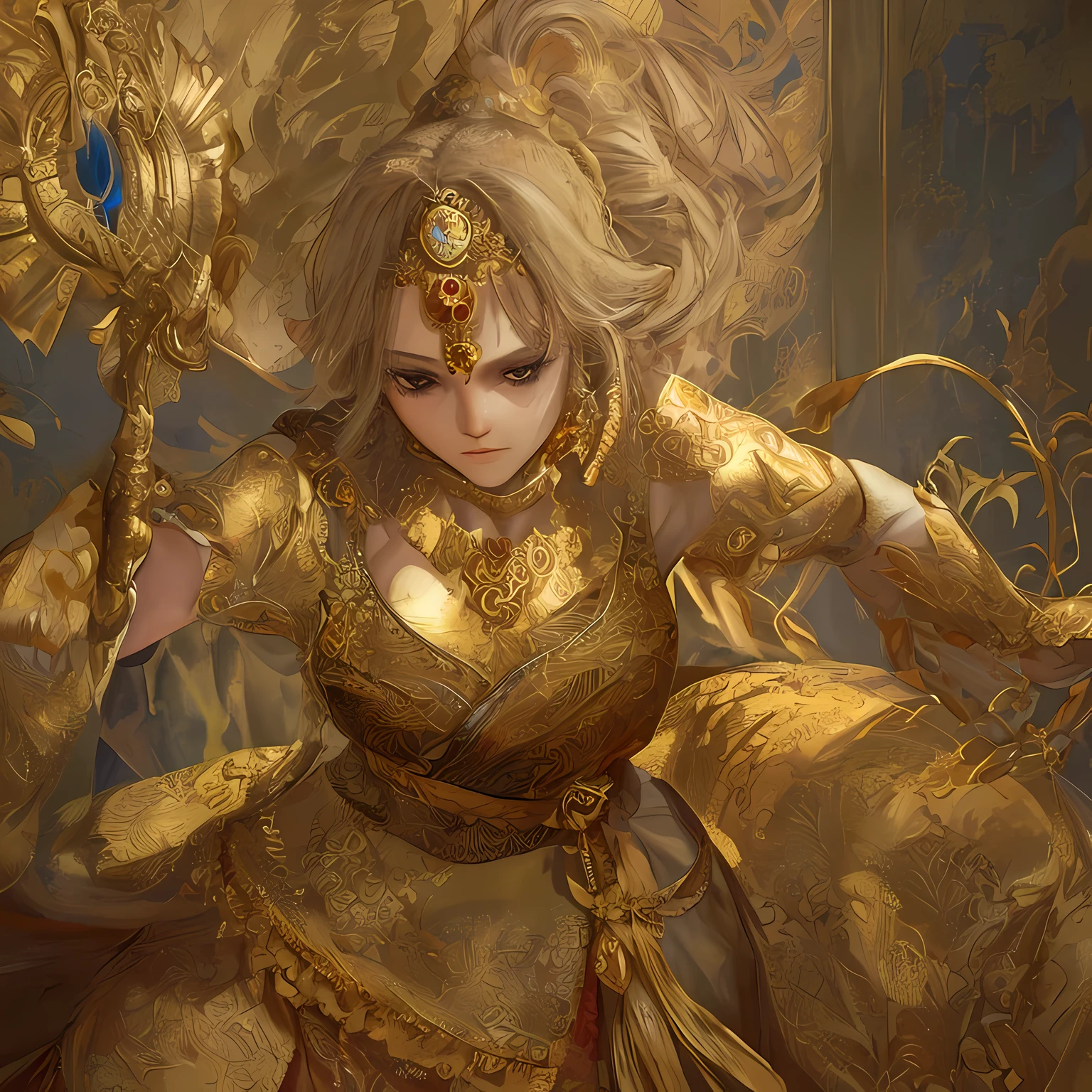 Strong woman, holding a gold leaf brush, intricately painting on a canvas, dressed in artist's robe, focused expression, brightly lit studio, golden hues reflecting off the walls, Realistic CGI, High-definition textures, Absorbing detail, Masterpiece, Gold leaf artistry at its finest.