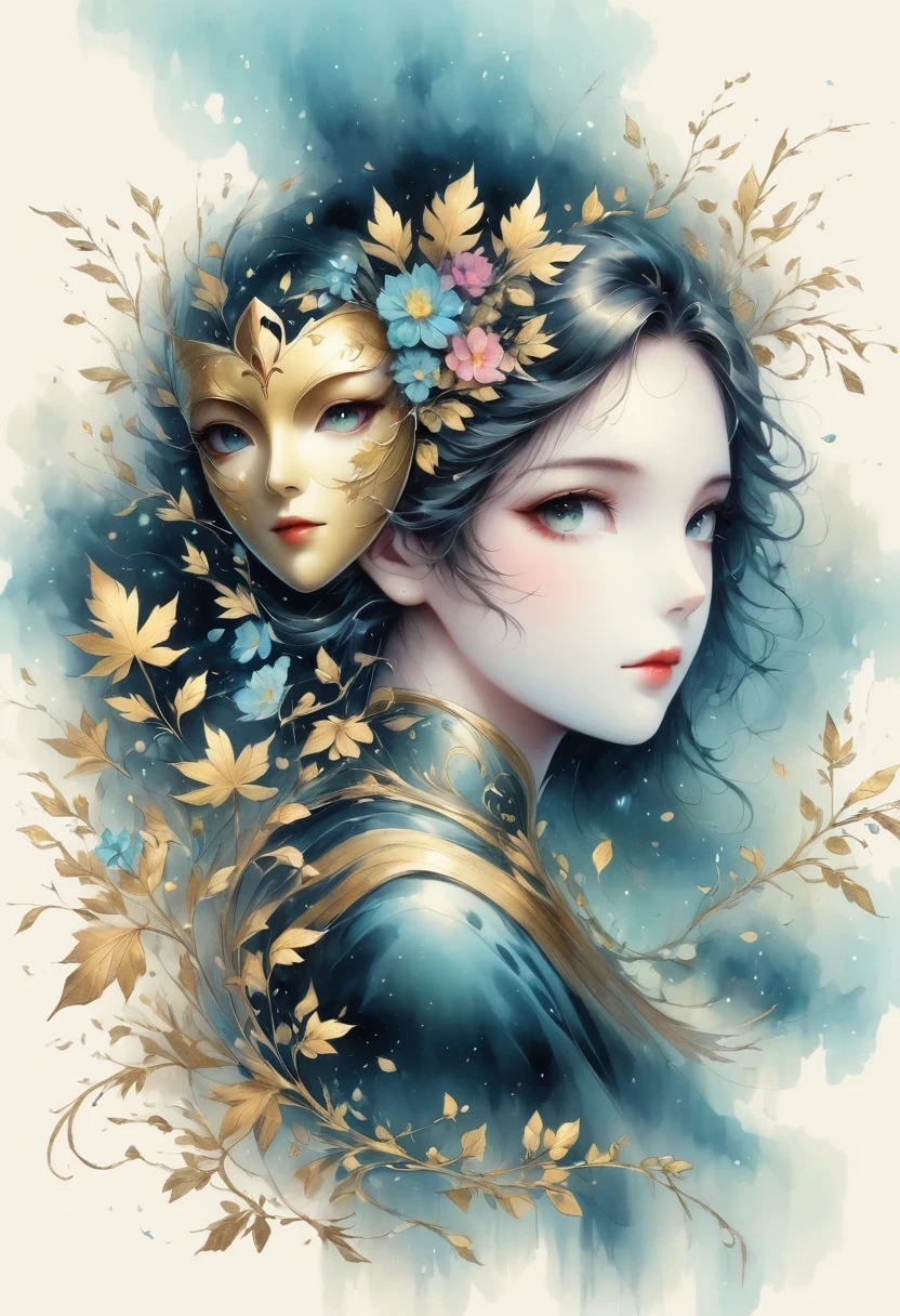 (gold leaf art:1.5),(Metallic luster:1.45),Minimalism,(line art:1.6),sketch,Charcoal drawing,Gold Foil Mask,flower,Illustration in surreal art style,surreal dream,Dubrec style,(multiple exposure:1.8),Dreams of happiness,