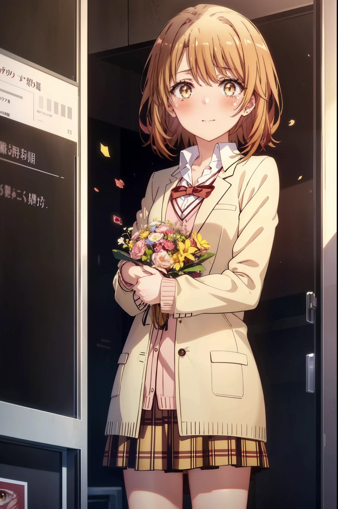 irohaisshiki, Isshiki Iroha, short hair, light brown hair, (Brown ruby eyes:1.5), smile,blush,Tears running down her face,Tears of joy、I cry a lot、break skirt, shirt, ribbon, , Jacket, white shirt, open clothes, socks, open Jacket, black Jacket, plaid, knee high, plaid skirt, blazer, cardigan, black socks, pink cardigan,holding a bouquet of flowers in both hands ,birthday,A birthday cake is on the table,confetti,
break indoors,classroom ,
break looking at viewer,Upper body,(cowboy shot:1. 3)
break (masterpiece:1.2), highest quality, High resolution, unity 8k wallpaper, (shape:0.8), (beautiful and detailed eyes:1.6), highly detailed face, perfect lighting, Very detailed CG, (perfect hands, perfect anatomy),