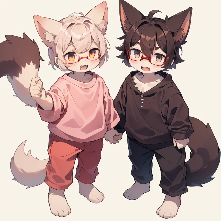 wear glasses,Red hair all over, male wolf,short hair, Bright Eyes,The eyes are gray，With black bow，white belly，The tip of the tail is white，Meatballs Pink,hairy,hairy male ,male focus,Hana Charcoal,(Full body fur, hairy尾巴, red fur,),long canine teeth，Fluffy all over