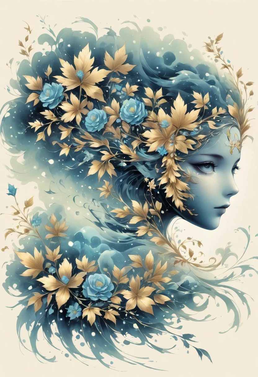 (gold leaf art:1.5),(Metallic luster:1.45),Minimalism,(line art:1.6),sketch,Charcoal drawing,Gold Foil Mask,flower,Illustration in surreal art style,surreal dream,Dubrec style,(multiple exposure:1.8),Dreams of happiness,
