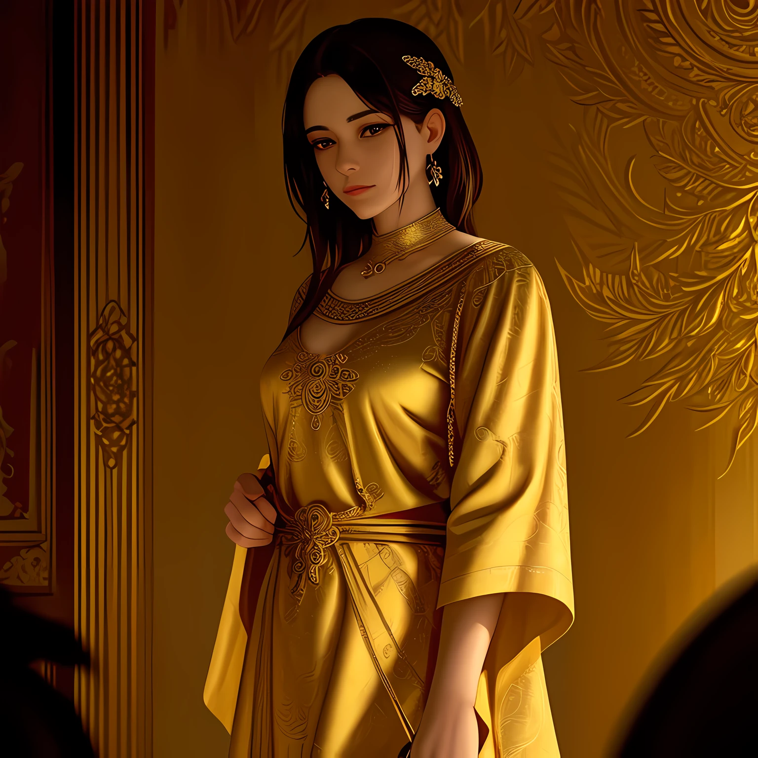 Strong woman, holding a gold leaf brush, intricately painting on a canvas, dressed in artist's robe, focused expression, brightly lit studio, golden hues reflecting off the walls, Realistic CGI, High-definition textures, Absorbing detail, Masterpiece, Gold leaf artistry at its finest.