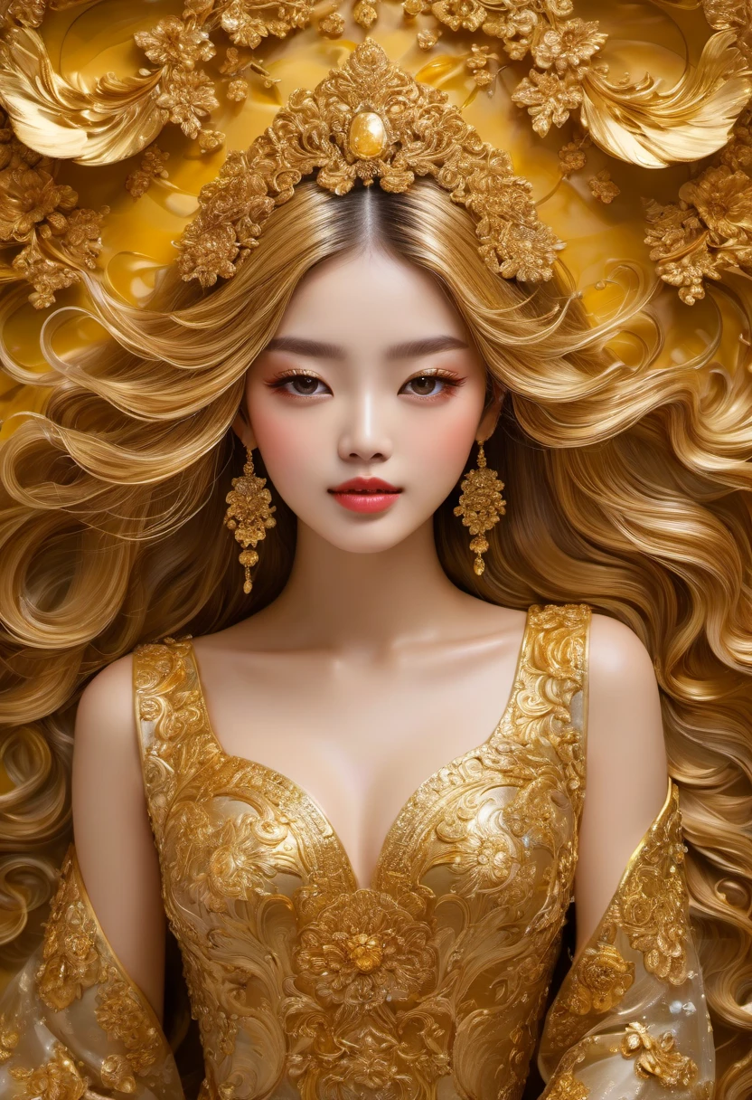 1girl, Gold Leaf Art, goldcarvingcd_xl, jinsixiangyun, traditional, golden, Gold Foil Art, gold leaf,gilded details,shimmering surface,meticulous craftsmanship,rich texture,ornate patterns,hand-applied gold leaf,golden accents,delicate brushwork,reflective surfaces,luxurious finish,breathtaking beauty,meticulous detailing,elegant composition,fine art masterpiece,visual opulence,vibrant colors,glowing golden hue,dramatic contrast,subtle shine,golden radiance,exquisite craftsmanship,gleaming surfaces,richly layered,illumination quality,baroque influences,refined elegance,luminous highlights,rich and regal,unparalleled luxury,artistic magnificence,timeless beauty,self-reflective surfaces,polished luminosity,lustrous appearance,dazzling brilliance,opulent aesthetic,opulent opulence,limitless beauty,decorative embellishments,unmatched elegance,celestial luminosity,heavenly glow,fine brushstrokes,delicate intricacy,detailed precision,exquisite artistry,dazzling exuberance,unparalleled grandeur,luxurious embellishments,illuminating radiance,dynamic texturing