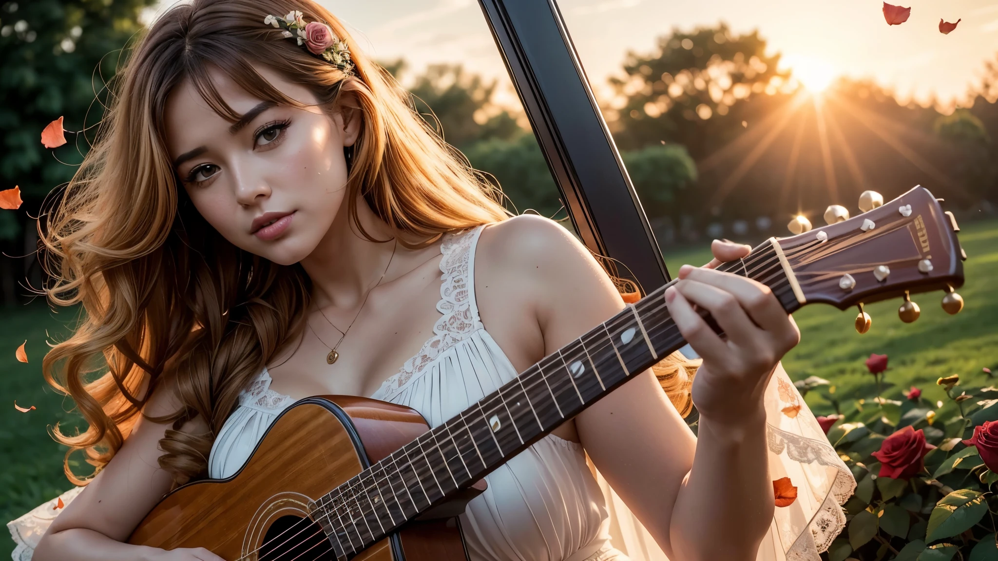 ((best quality)), ((masterpiece)),(detail), perfect face, full body shot of Yua Mikami playing guitar in the middle of a blooming rose garden, rose petals flying across the sky, woman wearing a silk dress, woman woman with blonde and curly hair, beautiful long curly hair, with setting sun, romantic style, retro vintage and romanticism, blurred background image, sunset light, golden sunshine, roses, very lots of flying flower petals, rose petals stuck in hair, warm orange background color, hyper-realistic photos, 8k, ultra high resolution, sharp faces
