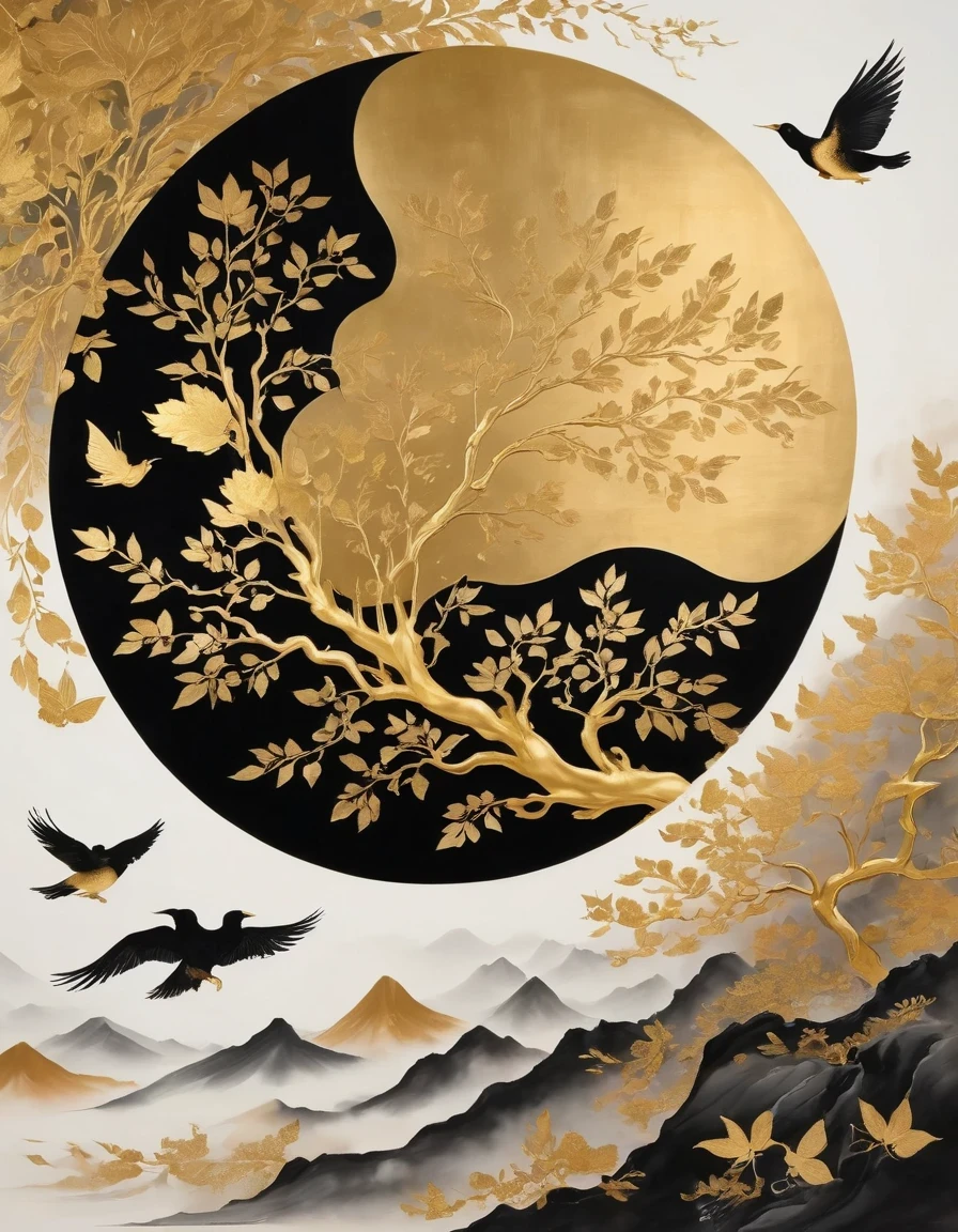 (gold leaf art:1.5)，A black and gold-rimmed giant hand fell from the sky, Dunhuang murals as background, minimalist, line art, From front and center to ghostly smoke, Transition from entity to ghost, Smart, powerful and calm, Rich in details, Psychedelic, fantastic, drama, Chinese ancient style, style, ink painting, fantasy, surreal, ethereal