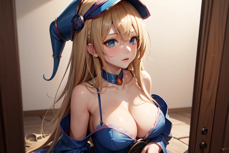 master piece,best quality,ultra detailed,8k,
ambient light,realistic skin,glossy skin,
(dark magician girl, duel monster, blush stickers, blonde hair, green eyes, long hair, breasts, blush, bangs, large breasts, hair between eyes, pentacle, pentagram, hat, dress, cleavage, bare shoulders, collarbone, choker, blue headwear, wizard hat, bracer, detached sleeves;)、
A realistic depiction of a person trapped inside a glass bottle, 、(lie face down:1.3)、(portrait)、(the body is very wet:1.5)、yukata、Glossy lips、Slightly emphasize the lower lip、blush、embarrassed expression、emphasizing the cleavage、