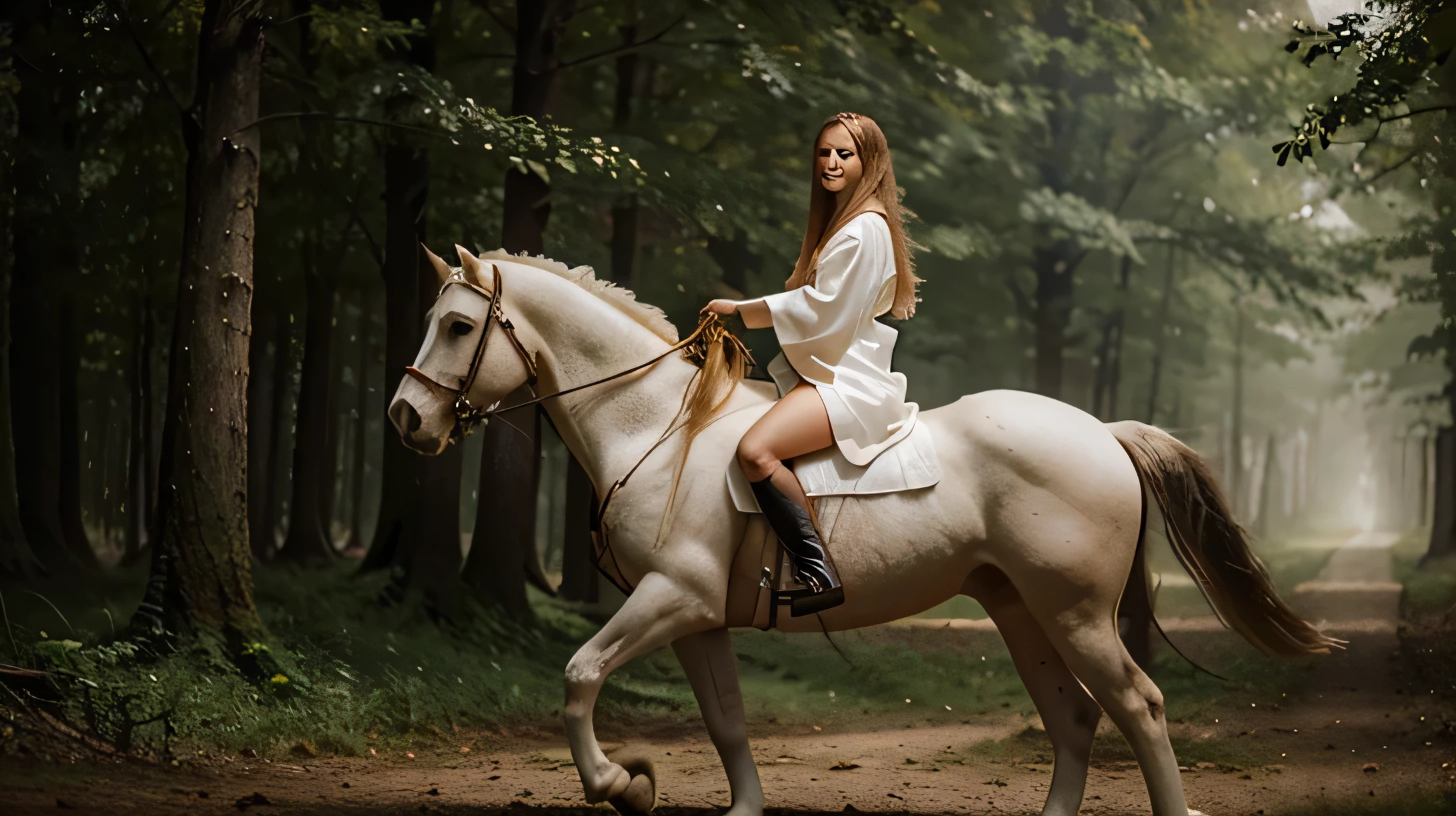 Beautiful girl with long golden hair,Wearing a low-cut white robe to reveal her fair thighs,riding a white horse,The background is a foggy forest,ultra high definition, lifelike, masterpiece