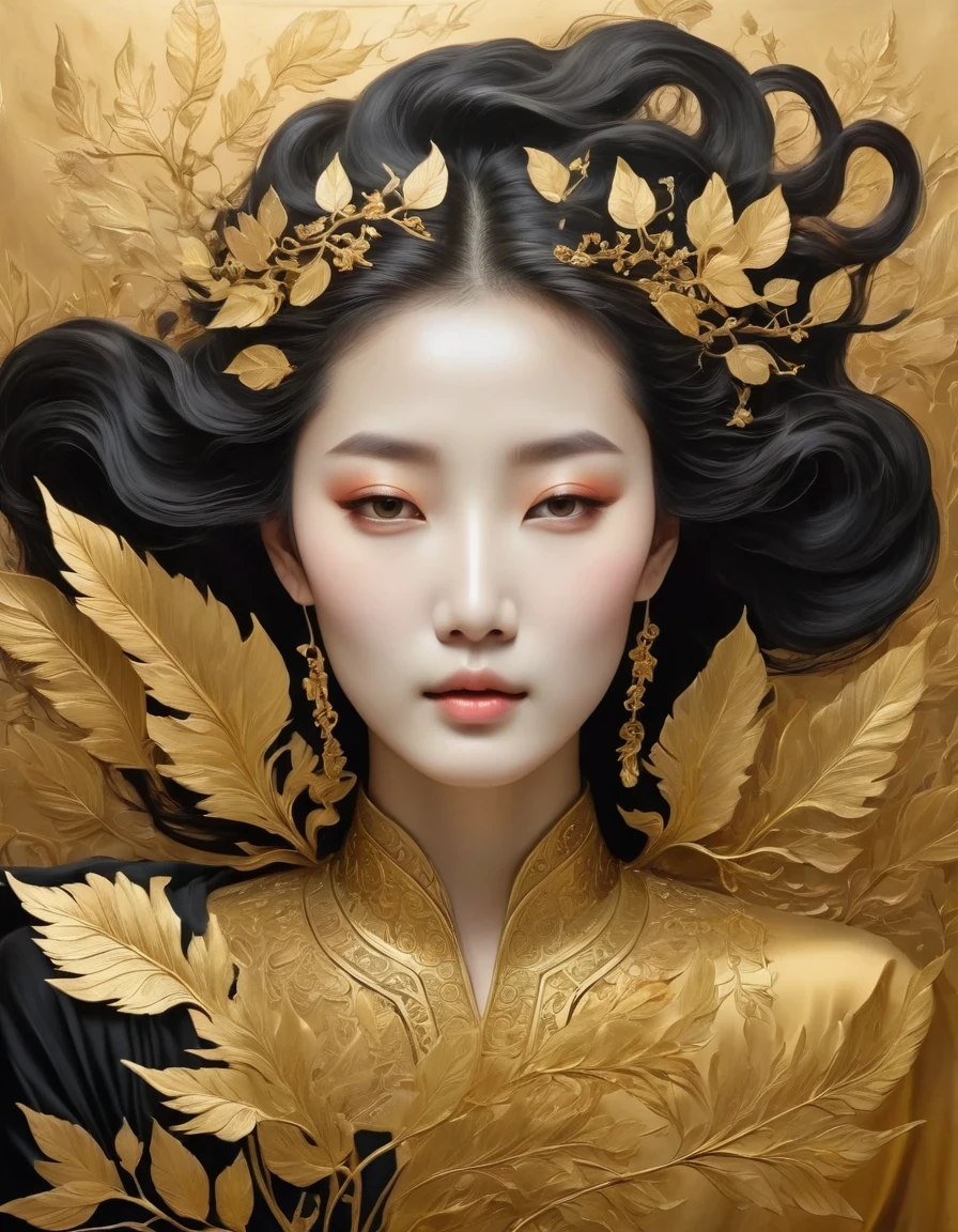 (gold leaf art:1.5)，A black and gold-rimmed giant hand fell from the sky, Dunhuang murals as background, minimalist, line art, From front and center to ghostly smoke, Transition from entity to ghost, Smart, powerful and calm, Rich in details, Psychedelic, fantastic, drama, Chinese ancient style, style, ink painting, fantasy, surreal, ethereal