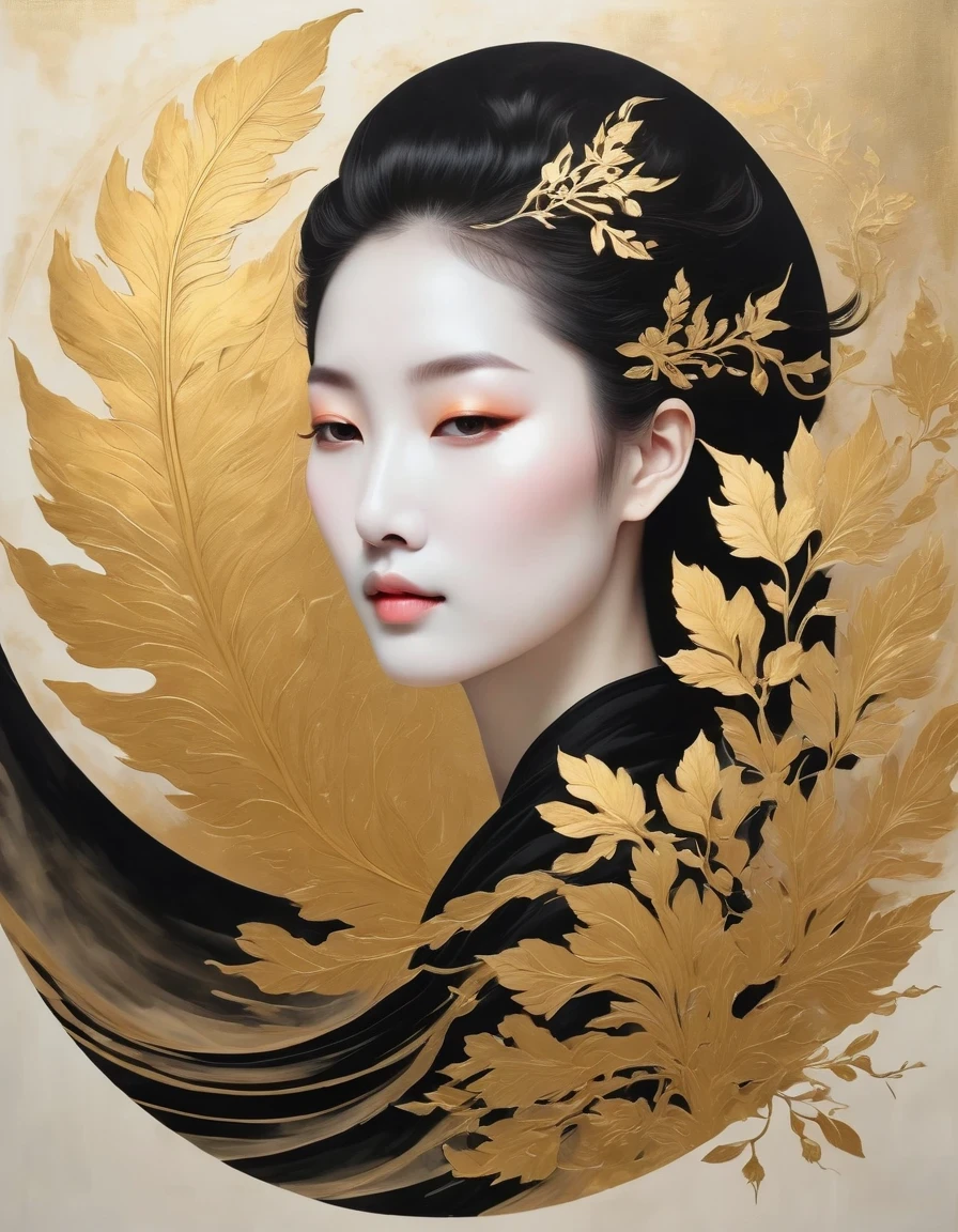 (gold leaf art:1.5)，A black and gold-rimmed giant hand fell from the sky, Dunhuang murals as background, minimalist, line art, From front and center to ghostly smoke, Transition from entity to ghost, Smart, powerful and calm, Rich in details, Psychedelic, fantastic, drama, Chinese ancient style, style, ink painting, fantasy, surreal, ethereal