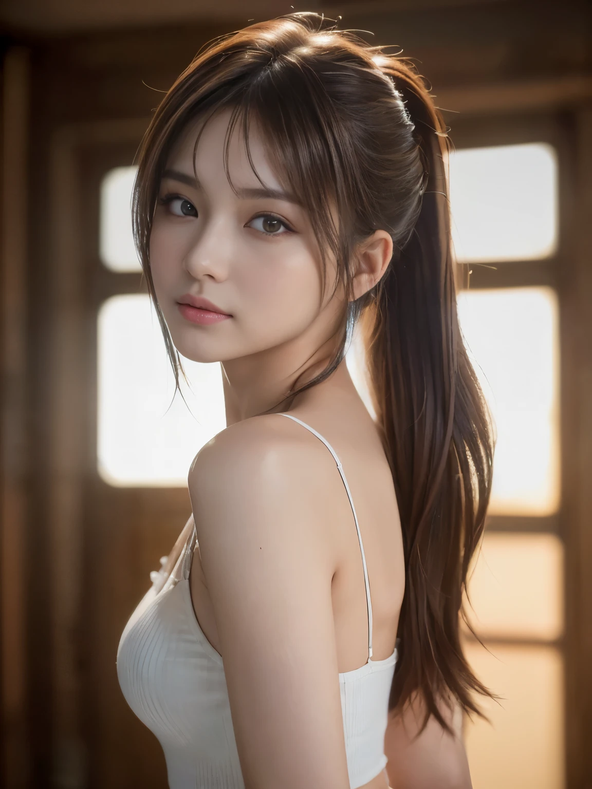 ((best quality photography, professional photography:1.5)), (glamour shot of girl:1.2), (professional lighting), (dramatic backlighting), looking at viewer, best photo pose, 1girl, detail skin texture, (brown hair:1.3), (depth of field:1.5), (simple background, indoor), (cowboy shot:1.5), ponytail, light smile, makeup, lips, sagging breasts, sharp jawline, (white tank top), (black leggings), ((8K, UHD, RAW)), (masterpiece, best quality), ((highly and ultra realistic)), (photorealistic:1.4), (chromatic aberration), High quality texture, High quality shadow, extremely intricate detail, ((extremely delicate and beautiful)), ((beautiful and aesthetic)), (korean mixed, gorgeous beautiful-19 years old-women),