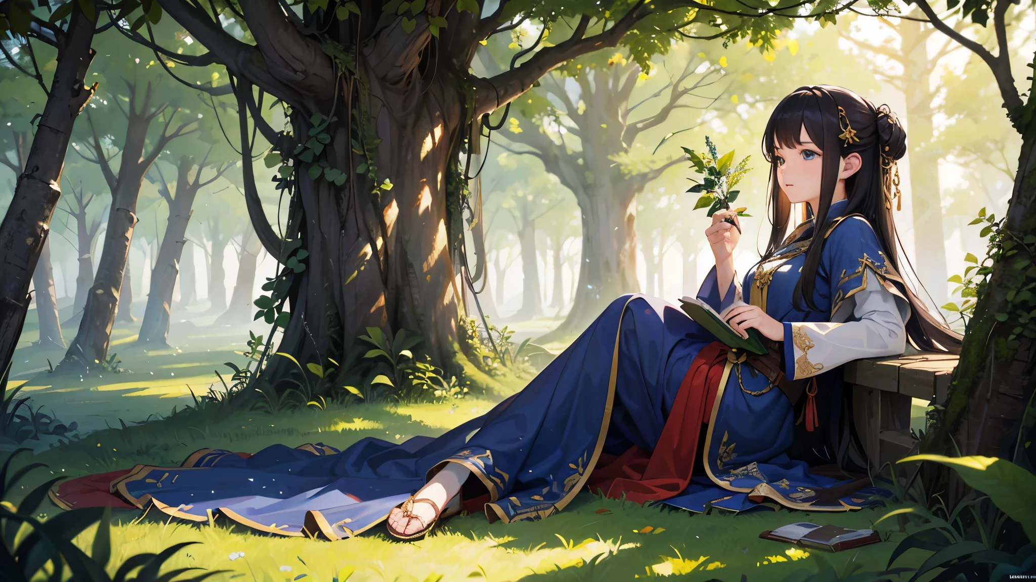 (official art、highest quality、Unity 8k wallpaper、32k、masterpiece、super detailed、A high resolution、realistic、Photoreal:1.2)、fantasy、wizard、middle ages、Nordic、one girl、(detailed beautiful face:1.4)、closed eyes、(full body:1.2)、grassland、shade of a tree、sunlight filtering through the foliage、lean on a tree、sitting、Resting、Half-read book