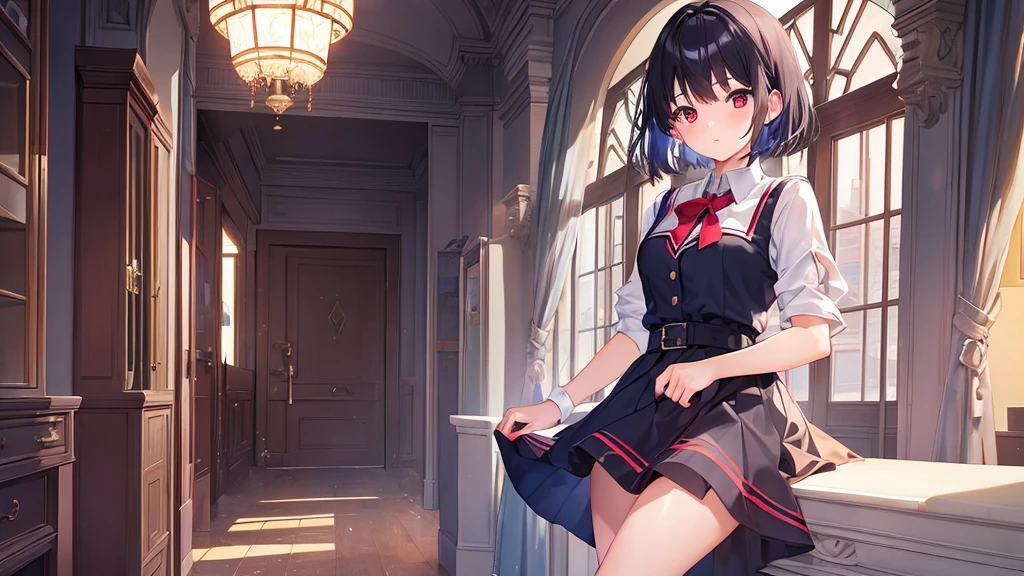 ((1 female))、full body、masterpiece、best image quality、ultra high resolution、The moment my lover caused a miracle、great visual depiction、professional effects、fantastic scenery、Medium-sized girl、short hair、The inside of the hair is blue、red eyes、red face、shyly、stylish private clothes