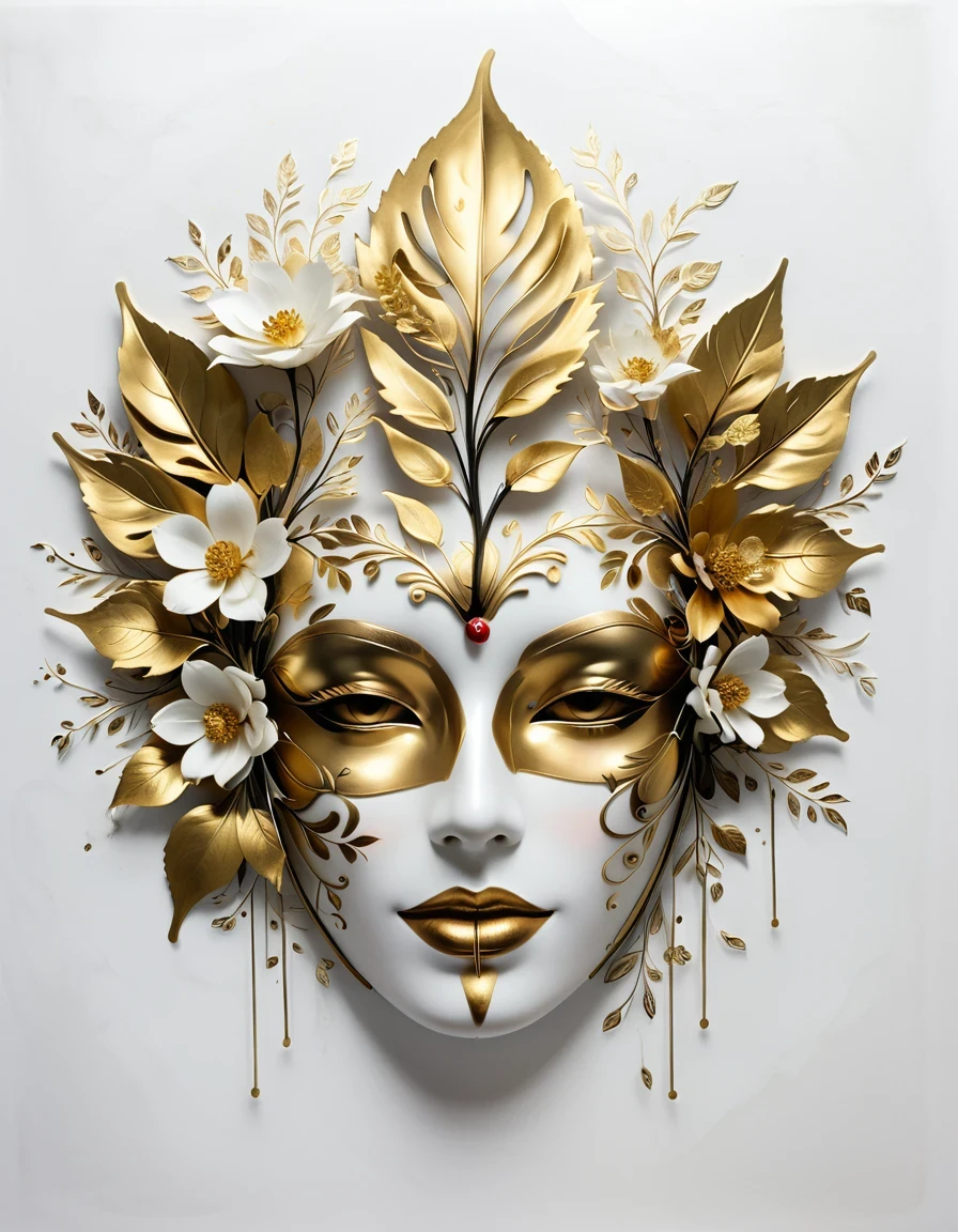 (gold leaf art:1.5)，(Metallic luster:1.45)，Minimalism，(line art:1.6)，sketch，Charcoal drawing，Gold Foil Mask，flower,Illustration in surreal art style，surreal dream，Dubrec style,(multiple exposure：1.8),Dreams of happiness，