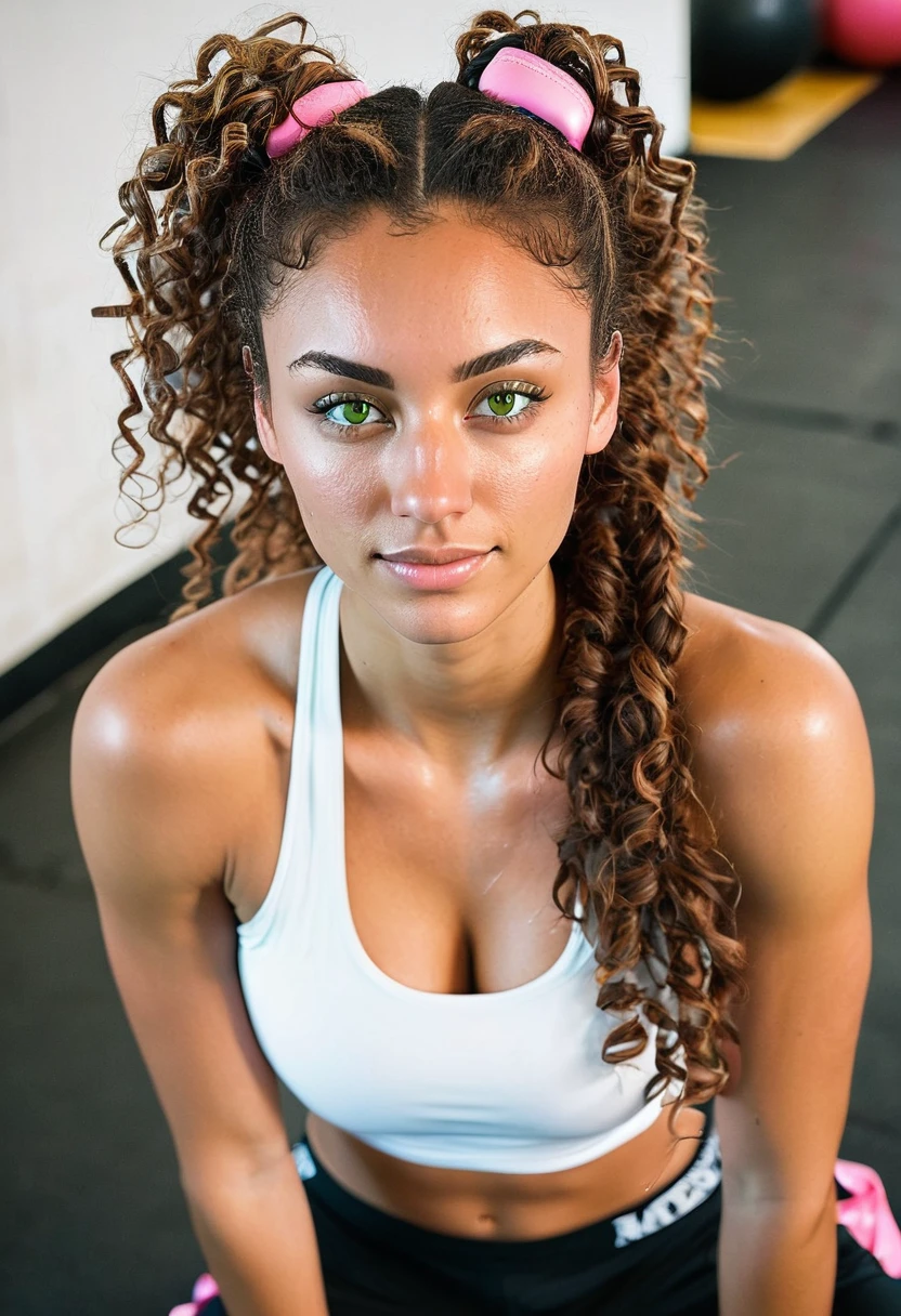 slightly tall young woman, light brown skin, light green eyes. Long brown curly hair with pigtails. white workout tank top, long black workout pants, pink boxing gloves, exhausted face, wet body, necklace, transparent lipgloss, slim built, very beautiful, late adolescent, 19 years old, full body photo, long legs, laying in ground at the gym. 