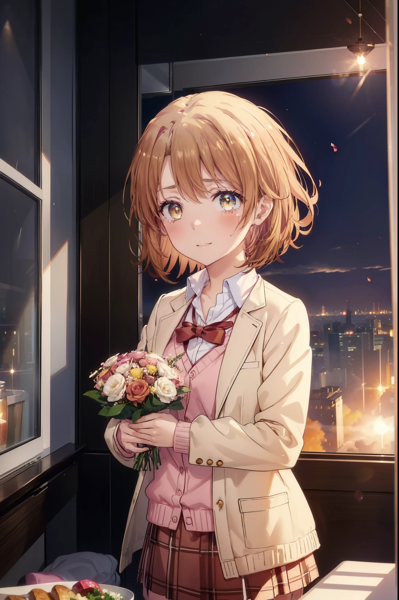 irohaisshiki, Isshiki Iroha, short hair, light brown hair, (Brown ruby eyes:1.5), smile,blush,Tears running down her face,Tears of joy、I cry a lot、break skirt, shirt, ribbon, , Jacket, white shirt, open clothes, socks, open Jacket, black Jacket, plaid, knee high, plaid skirt, blazer, cardigan, black socks, pink cardigan,holding a bouquet of flowers in both hands ,birthday,A birthday cake is on the table,confetti,evening,sunset,The sun is setting,
break indoors,School classroom ,
break looking at viewer,Upper body,(cowboy shot:1. 3)
break (masterpiece:1.2), highest quality, High resolution, unity 8k wallpaper, (shape:0.8), (beautiful and detailed eyes:1.6), highly detailed face, perfect lighting, Very detailed CG, (perfect hands, perfect anatomy),