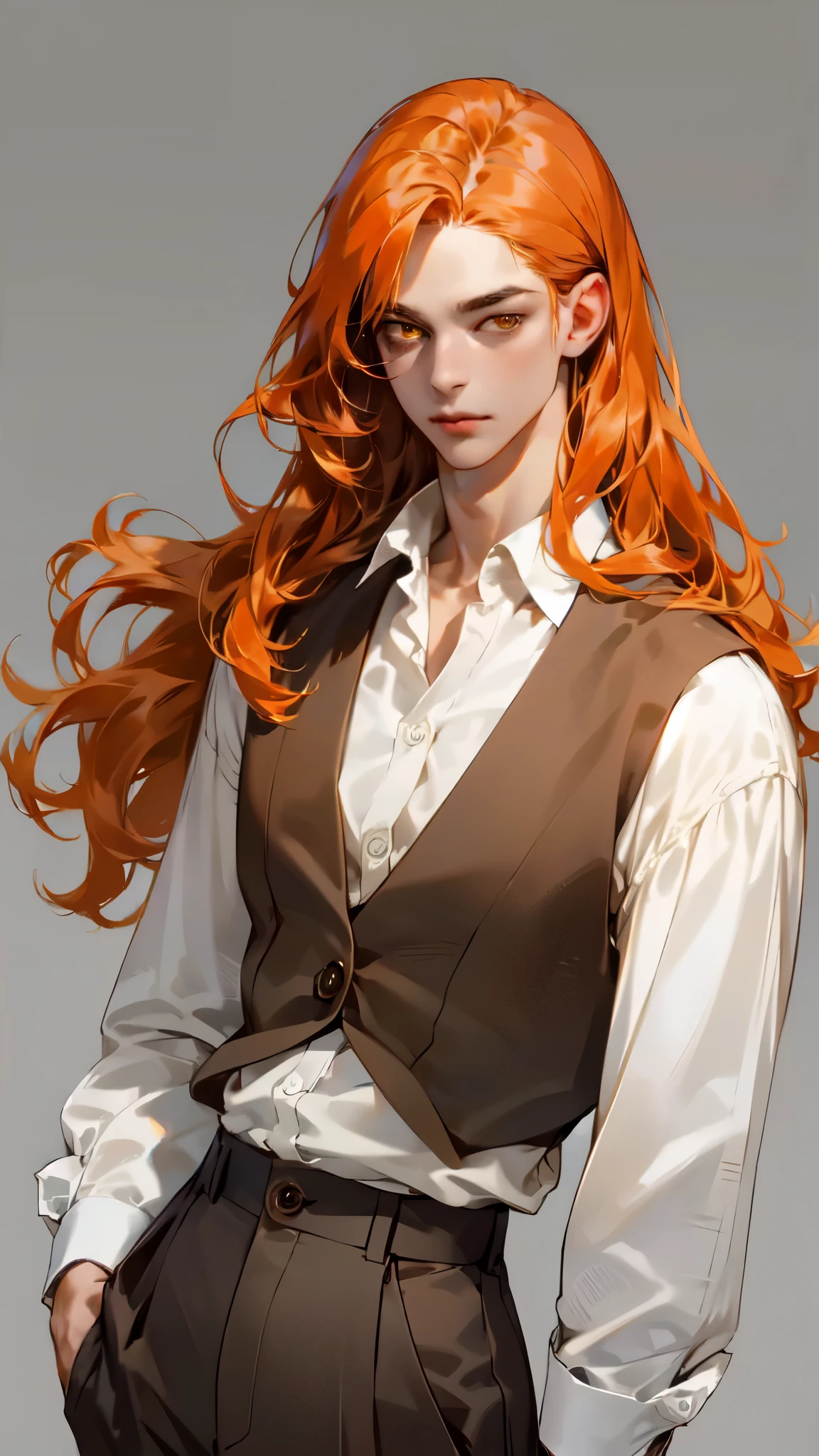 (best quality, high resolution:1.2), realistic, portrait, adult male,long orange hair,yellow eyes,beautiful detailed eyes,white button up,brown vest,brown pants, simple background
