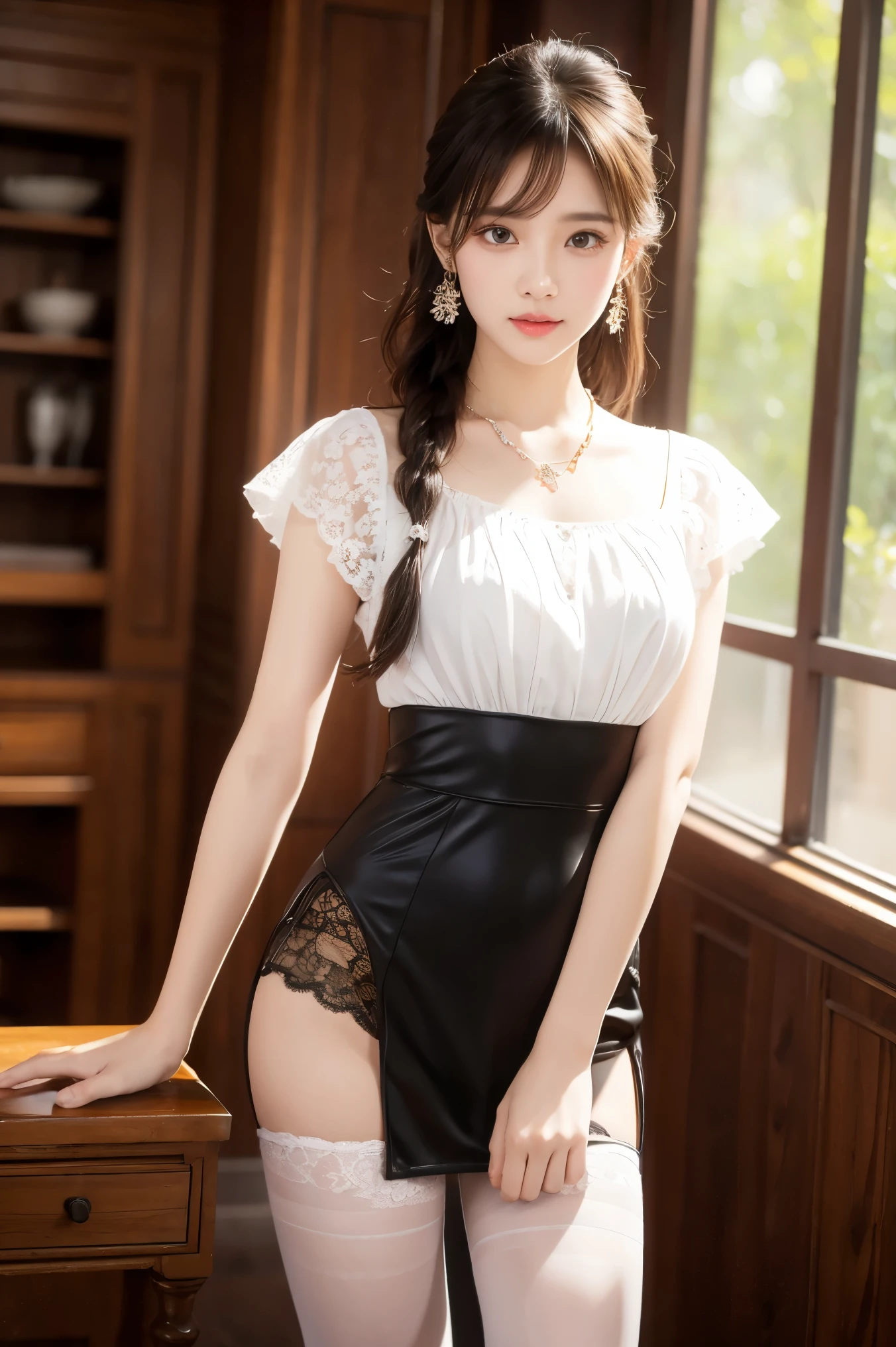 Realism: 1.3, masterpiece, highest quality, high resolution, details: 1.2, 1 girl, hair clip, beautiful face, delicate eyes, tassel earrings, necklace, ribbon, elegant standing posture, aesthetics, movie lighting, ray tracing, depth of field, layering, fluttering, lace whole body, one foot white pantyhose, one foot black pantyhose