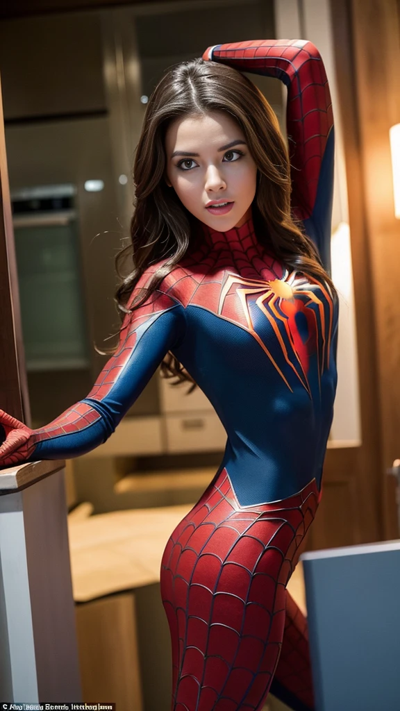 Imagining a brunette dressed in a Spider-Man outfit brings an interesting scene to mind.. She is full of energy and enthusiasm, ready to embrace the superhero spirit. Her locks fall free over her shoulders as she dons the iconic outfit., adapting it to your unique style.

With green eyes shining behind the mask, She embodies Spider-Man&#39;s determination and courage. She might be at a costume party, a themed event or simply having fun at home, recreating classic superhero poses while moving with grace and agility.

His presence as "Morena Aranha" certainly attracts attention and admiration. She&#39;s a perfect combination of strength, charm and elegance, inspiring everyone around him with his determination and fearless spirit.

Be in search of justice, enfrentando desafios ou simplesmente se divertindo, our brunette as Spider-Man is an impressive figure who shows that we can all be heroes in our own way.





