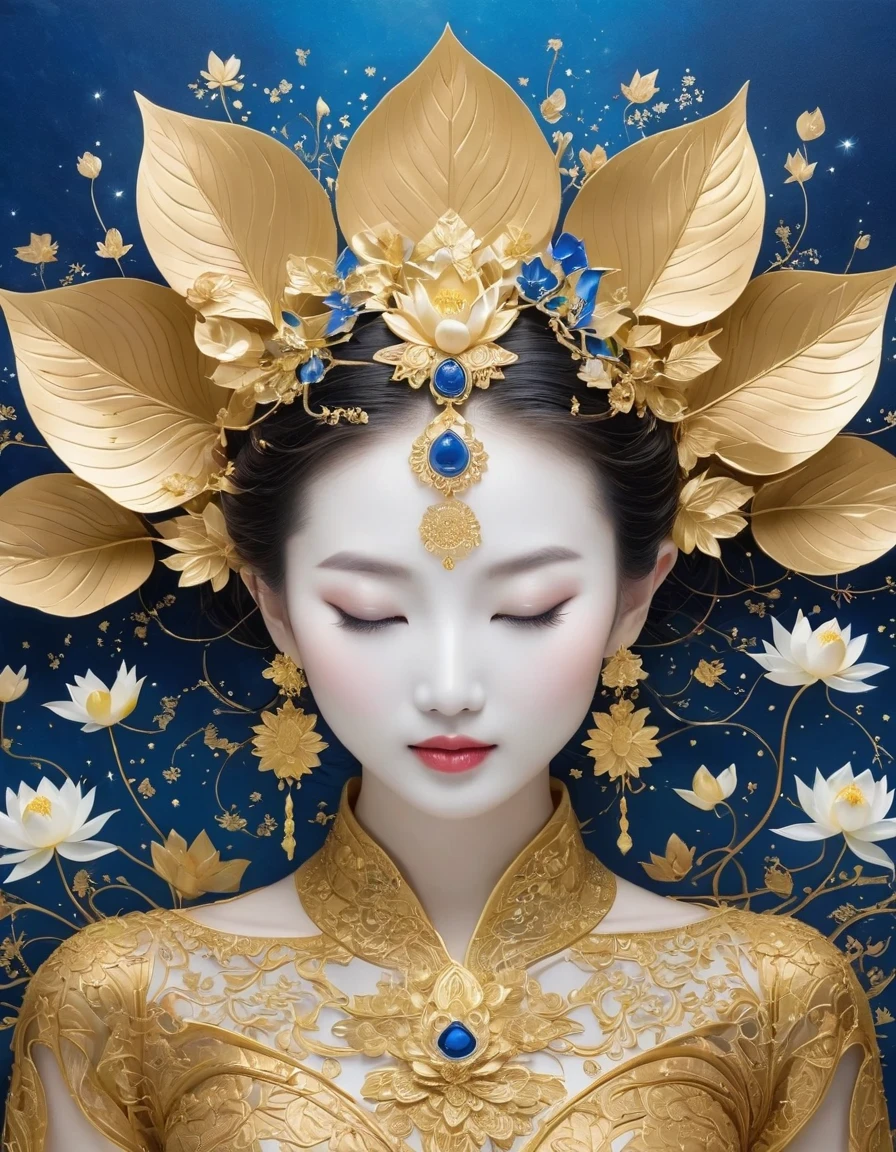 (gold leaf art:1.5)，Imagine a tranquil scene inspired by Buddhist philosophy，A vibrant lotus stands against a backdrop of intense gold foil tones。The lotus symbolizes purity and enlightenment，Complex petals bloom，exudes a sense of tranquility。As you gaze deeper into the image，You will notice an arrangement similar to a mandala，The constellations are arranged elegantly。Fusion of Buddhist Symbolism and Astrological Elements，consistency，Induce contemplation and a timeless sense of connection。(The sculpture is surrealist and realist: 1.5), (Kaneko，Blue and white porcelain mask)， (metal wings: 1.2), (futuristic mask: 1.2), (Internet pop kawaii fractal art: 1.6), (Tobias Gramler (Tobias Gramler) Art style，smooth shapes: 1.6), (Organic geometric mixture: 1.6),ultra high resolution: 1.4),(particle effect: 1.4), (depth of field: 1.4), (geometric point abstraction: 1.6), (generative fluid fractal algorithm: 1.6).