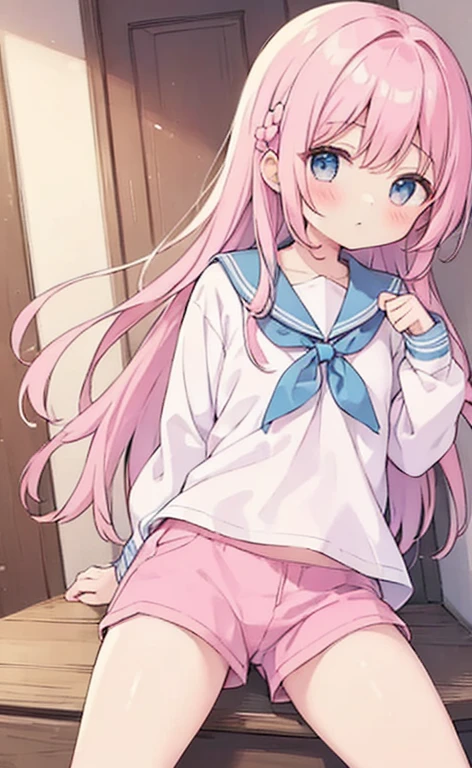 beautiful illustrations, highest quality, (12 year old girl:1.4)、(pretty girl:1.5)、、flat chest、sailor collar、(White long tunic)、long sleeve sailor suit、Blue-line cuffs、(pink chino shorts:1.4)、(pink shorts with wide opening:1.2)、Gap between thigh and pants、slim thighs、white socks、 cinematic lighting, (pink long hair)、Pink Straight Hair、redness of cheeks、(Braiding of the back of the head)