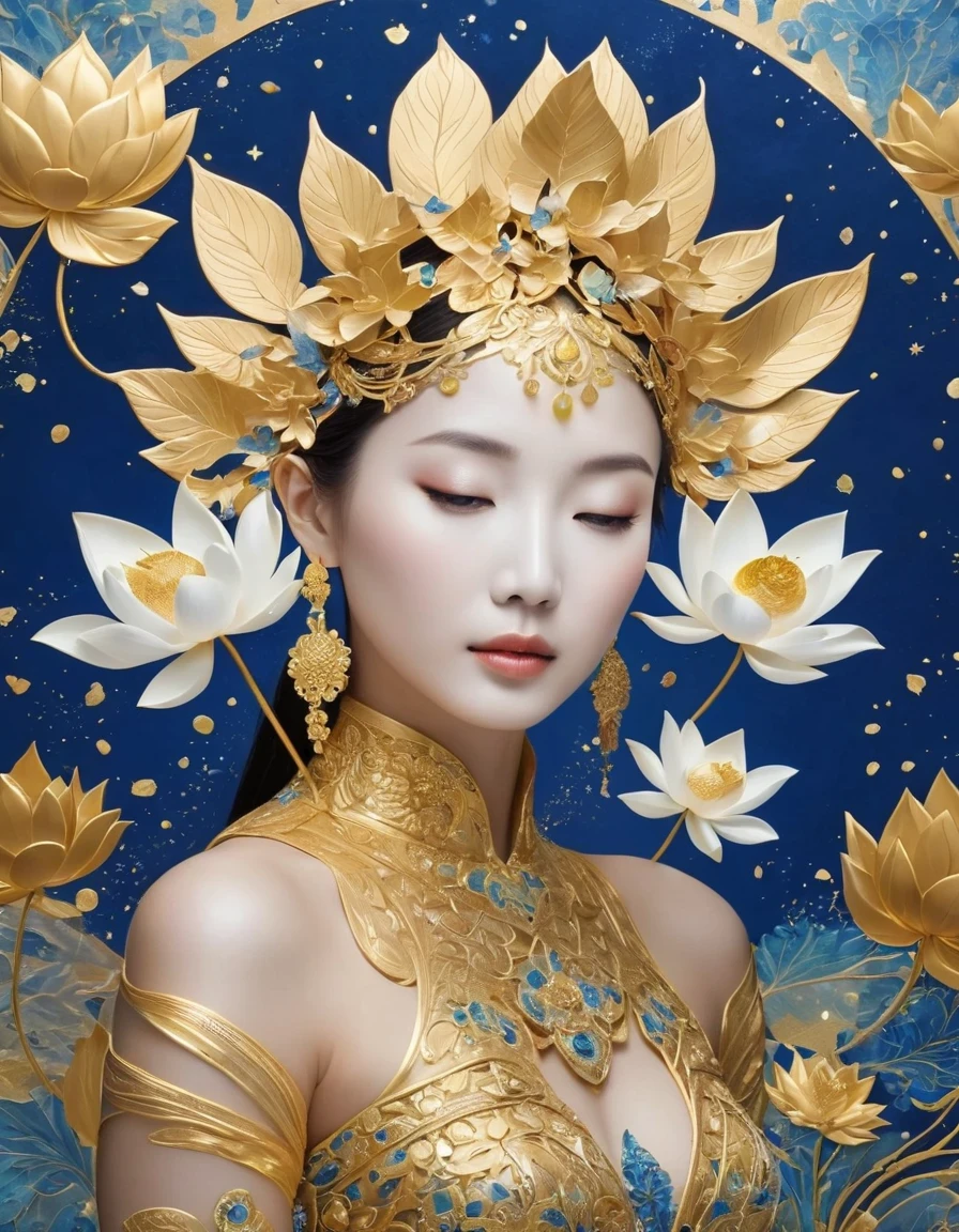 (gold leaf art:1.5)，Imagine a tranquil scene inspired by Buddhist philosophy，A vibrant lotus stands against a backdrop of intense gold foil tones。The lotus symbolizes purity and enlightenment，Complex petals bloom，exudes a sense of tranquility。As you gaze deeper into the image，You will notice an arrangement similar to a mandala，The constellations are arranged elegantly。Fusion of Buddhist Symbolism and Astrological Elements，consistency，Induce contemplation and a timeless sense of connection。(The sculpture is surrealist and realist: 1.5), (Kaneko，Blue and white porcelain mask)， (metal wings: 1.2), (futuristic mask: 1.2), (Internet pop kawaii fractal art: 1.6), (Tobias Gramler (Tobias Gramler) Art style，smooth shapes: 1.6), (Organic geometric mixture: 1.6),ultra high resolution: 1.4),(particle effect: 1.4), (depth of field: 1.4), (geometric point abstraction: 1.6), (generative fluid fractal algorithm: 1.6).