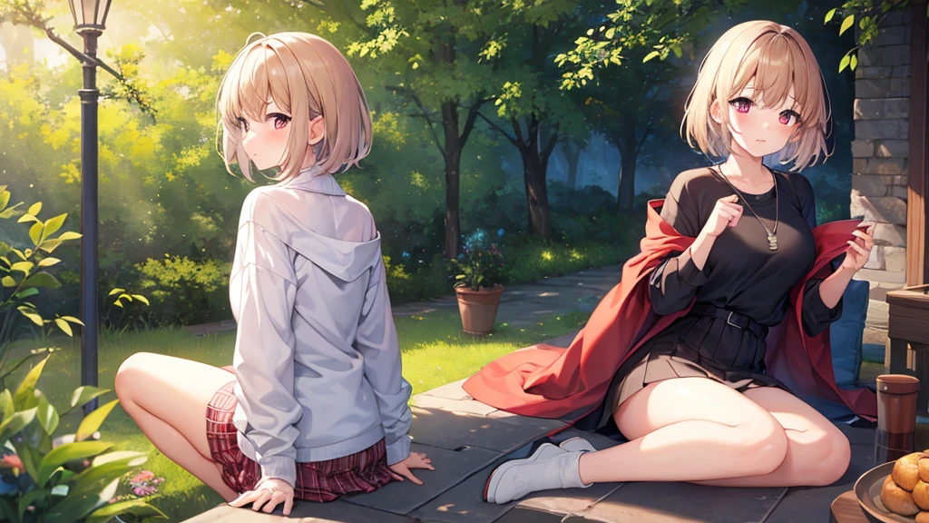 ((1 female))、full body、masterpiece、best image quality、ultra high resolution、The moment my lover caused a miracle、great visual depiction、professional effects、fantastic scenery、Medium-sized elementary school girl、short hair、The inside of the hair is blue、red eyes、red face、shyly、stylish private clothes