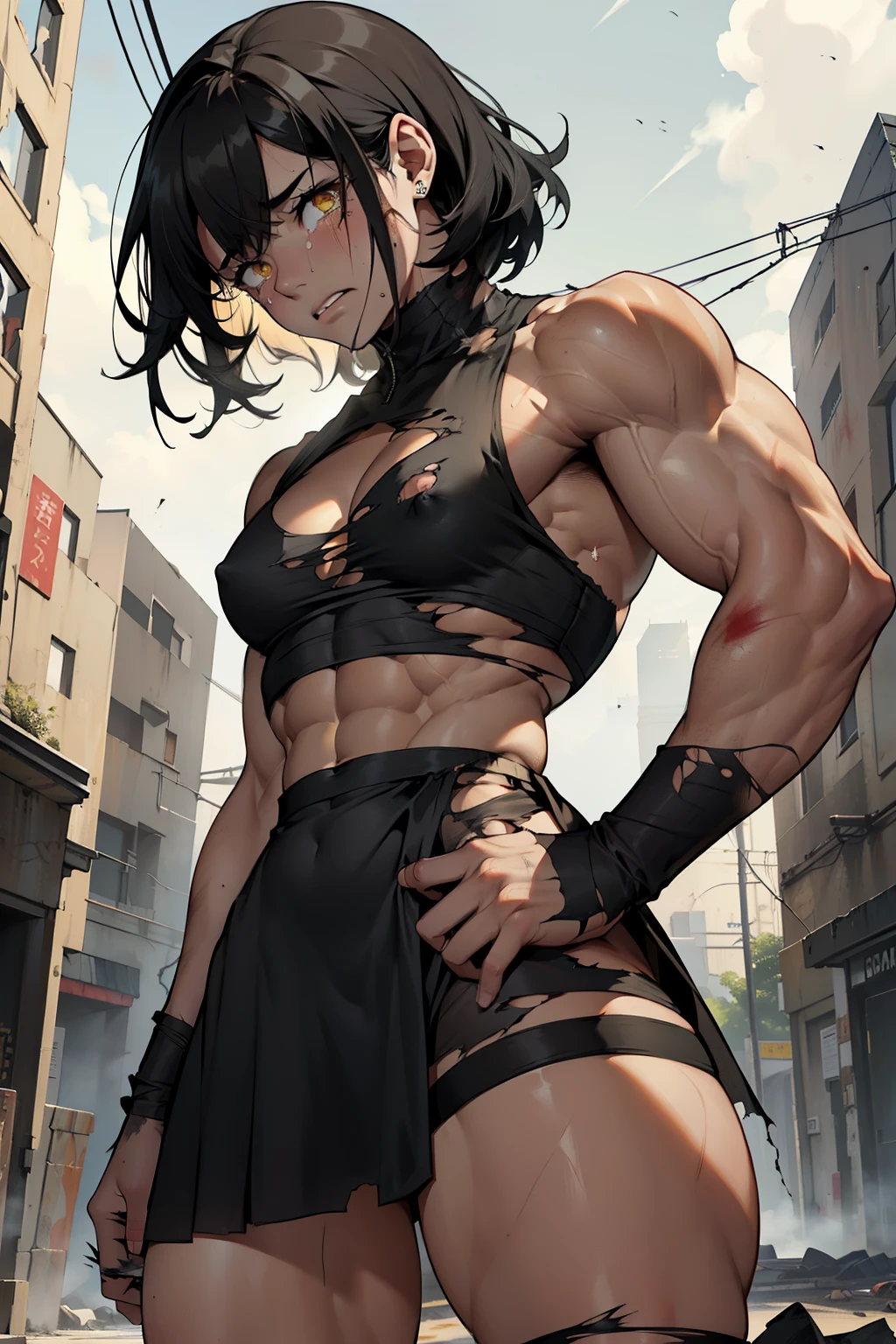 pale skin black hair yellow eyes, solo, (((small breasts))), navel, abs, looking at viewer, midriff, ((torn clothes)), bruised, bruises, ((bleeding)), ((bruise)), ((tears)), crying, (tan), from behind, (((((muscular))))), (((((thick thighs))))), (((black dress)))